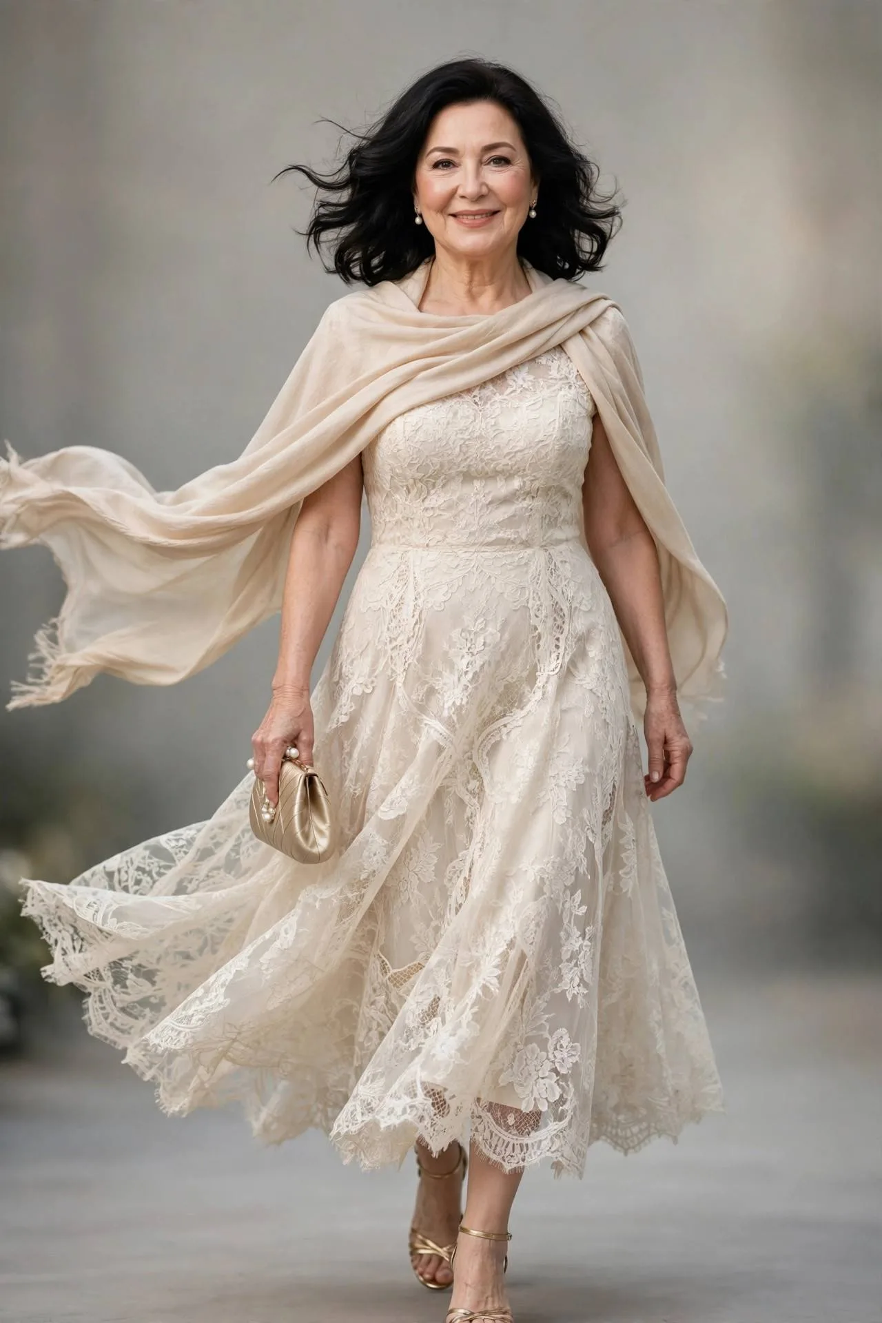Elegant older woman in ivory lace midi dress with champagne wrap