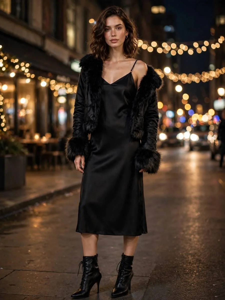 Slip Dress + Faux-Fur-Trimmed Jacket