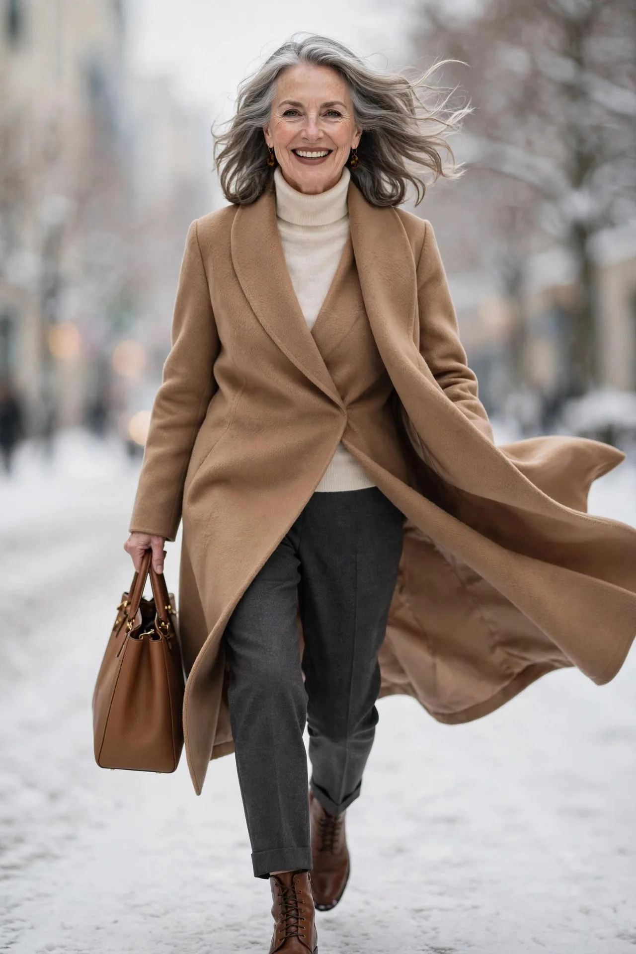 Elegant mature woman in camel wrap coat with cream turtleneck and charcoal trousers walking confidently.