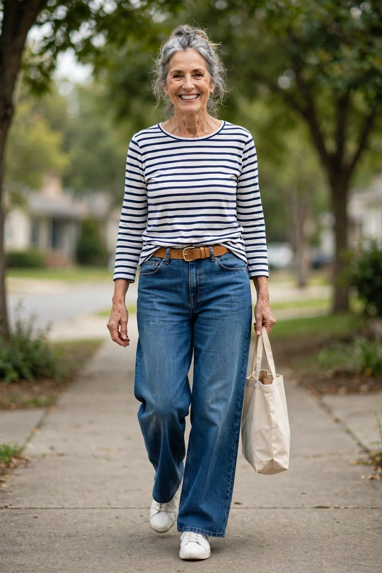 Easygoing 60s woman in comfortable wide-leg jeans with Breton tee on suburban walk