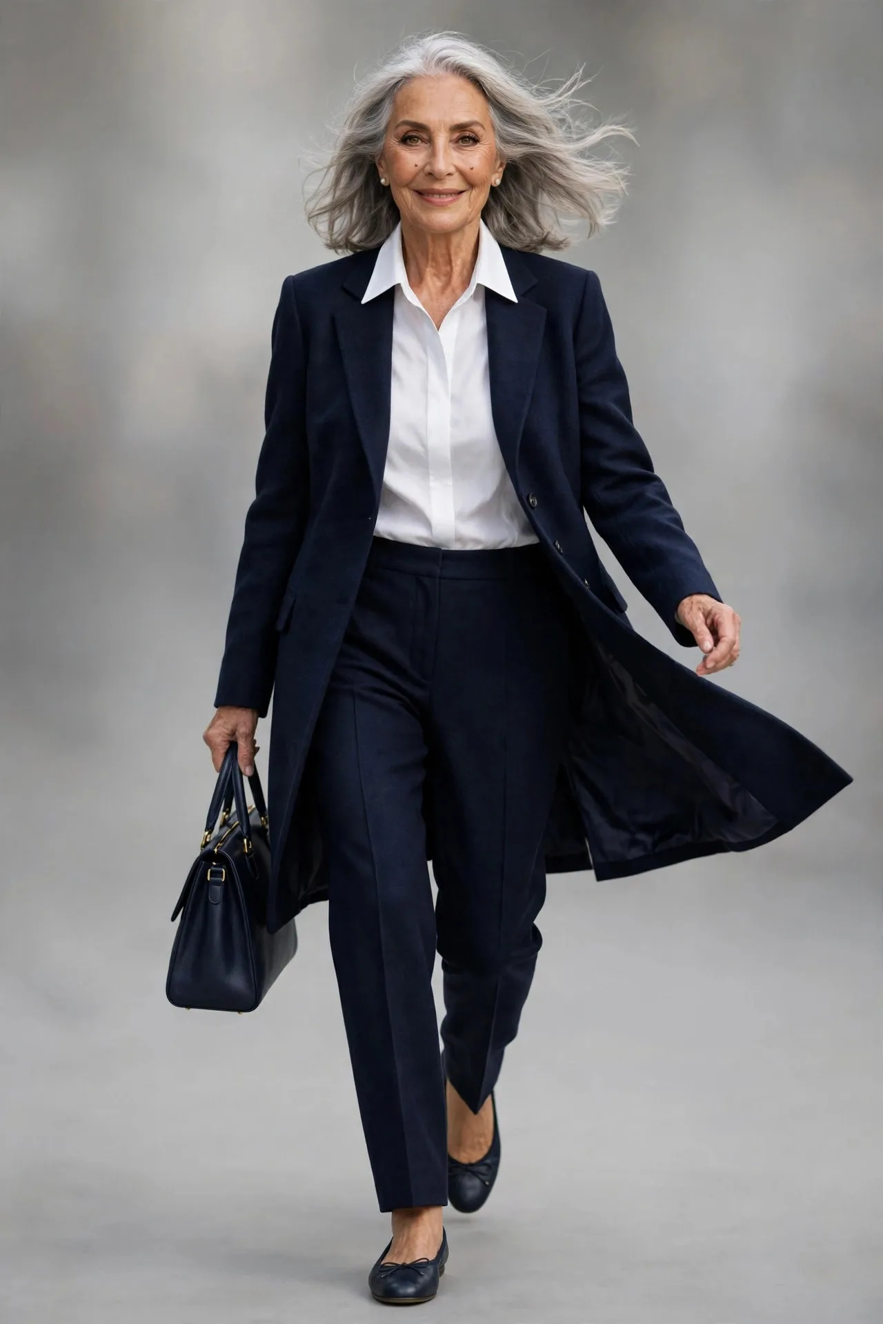 Tailored Navy Uniform — A single-breasted navy wool-blend blazer with soft natural shoulders over a crisp white cotton shirt, straight-leg navy trousers and navy ballet flats.