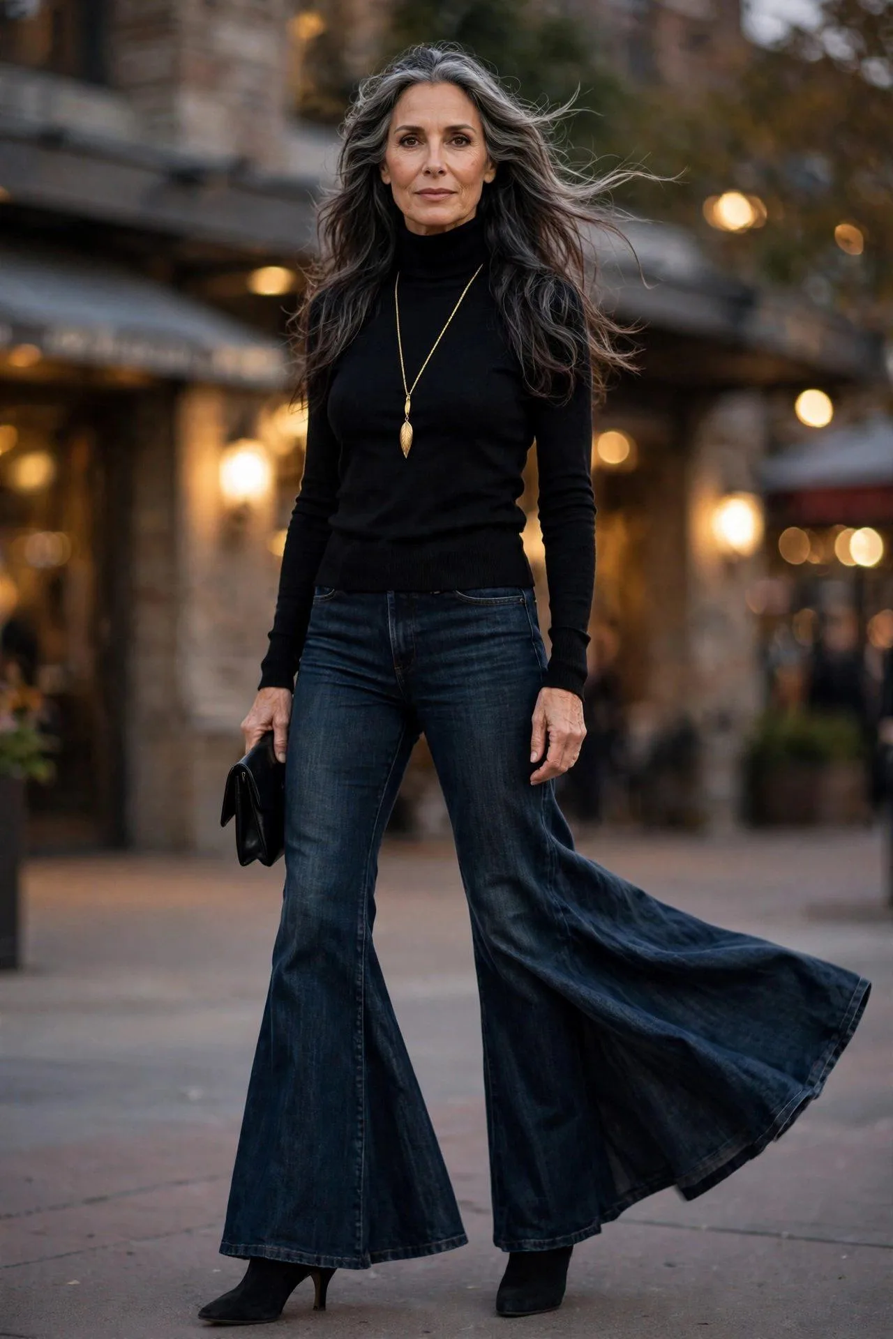 Dramatic 50s woman in 70s-style flared jeans with black turtleneck and gold pendant