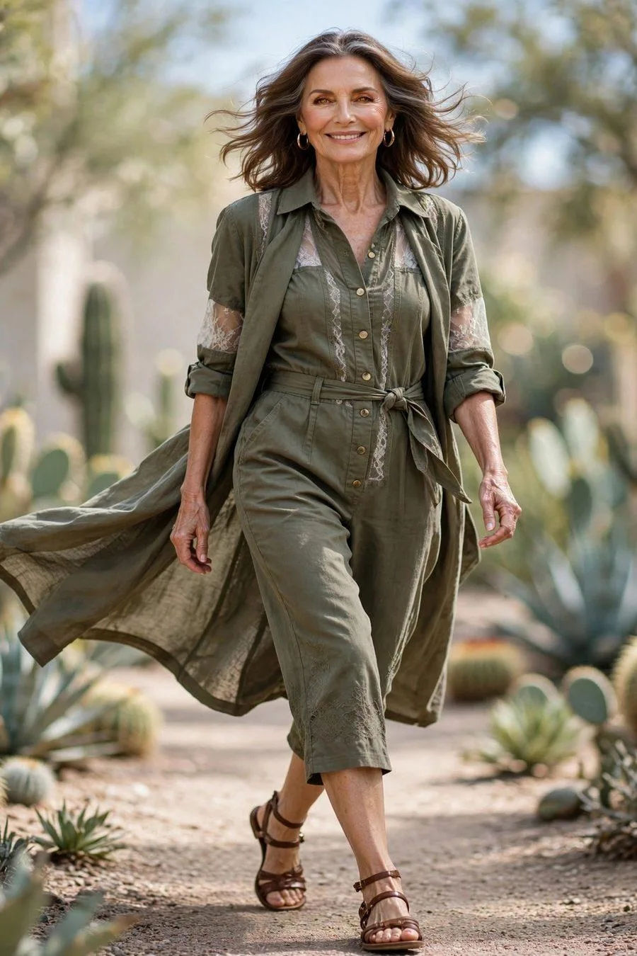 Mature woman in olive utility capri jumpsuit with sandals on day trip