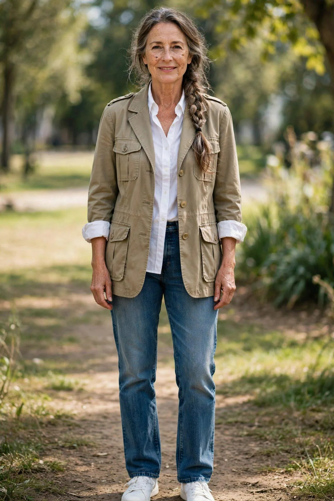 Casual khaki safari-style jacket with white shirt and relaxed denim