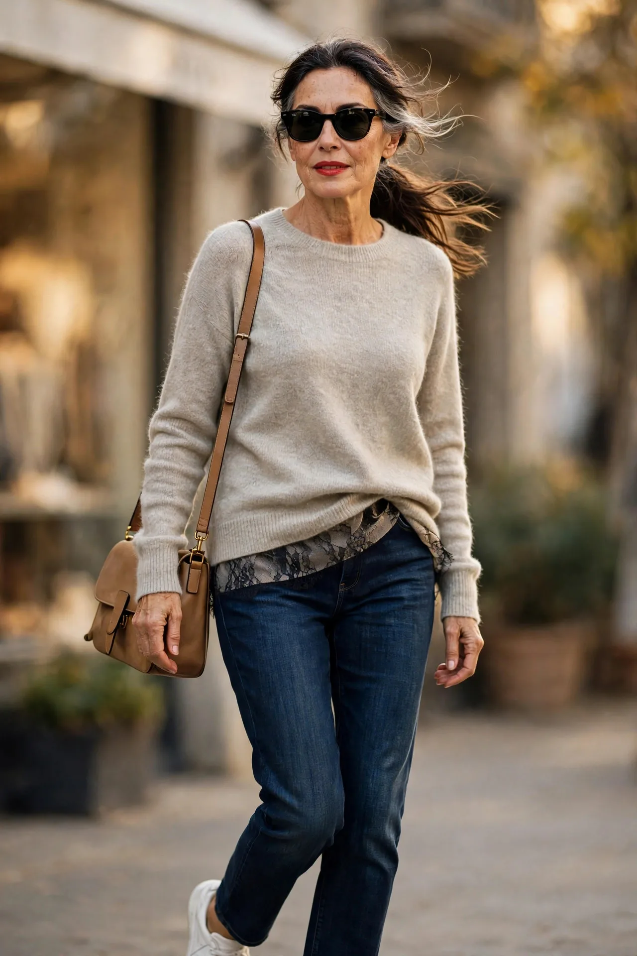 Cashmere Jean Ritual — An oatmeal cashmere crew-neck sweater half-tucked into dark indigo straight-leg jeans, with white leather sneakers and a leather crossbody.
