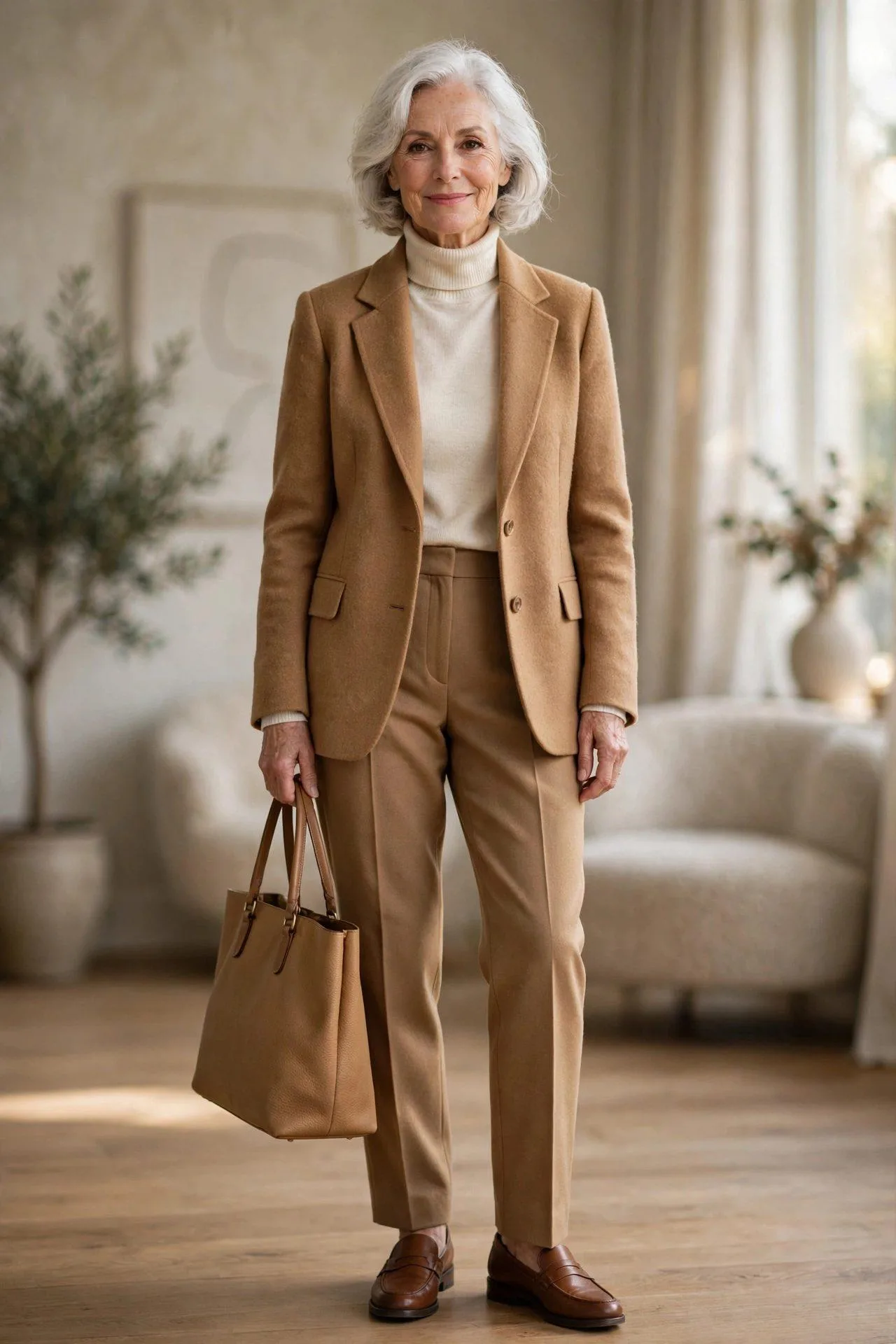 Refined woman over 50 in camel tailored jacket with cream knit and trousers