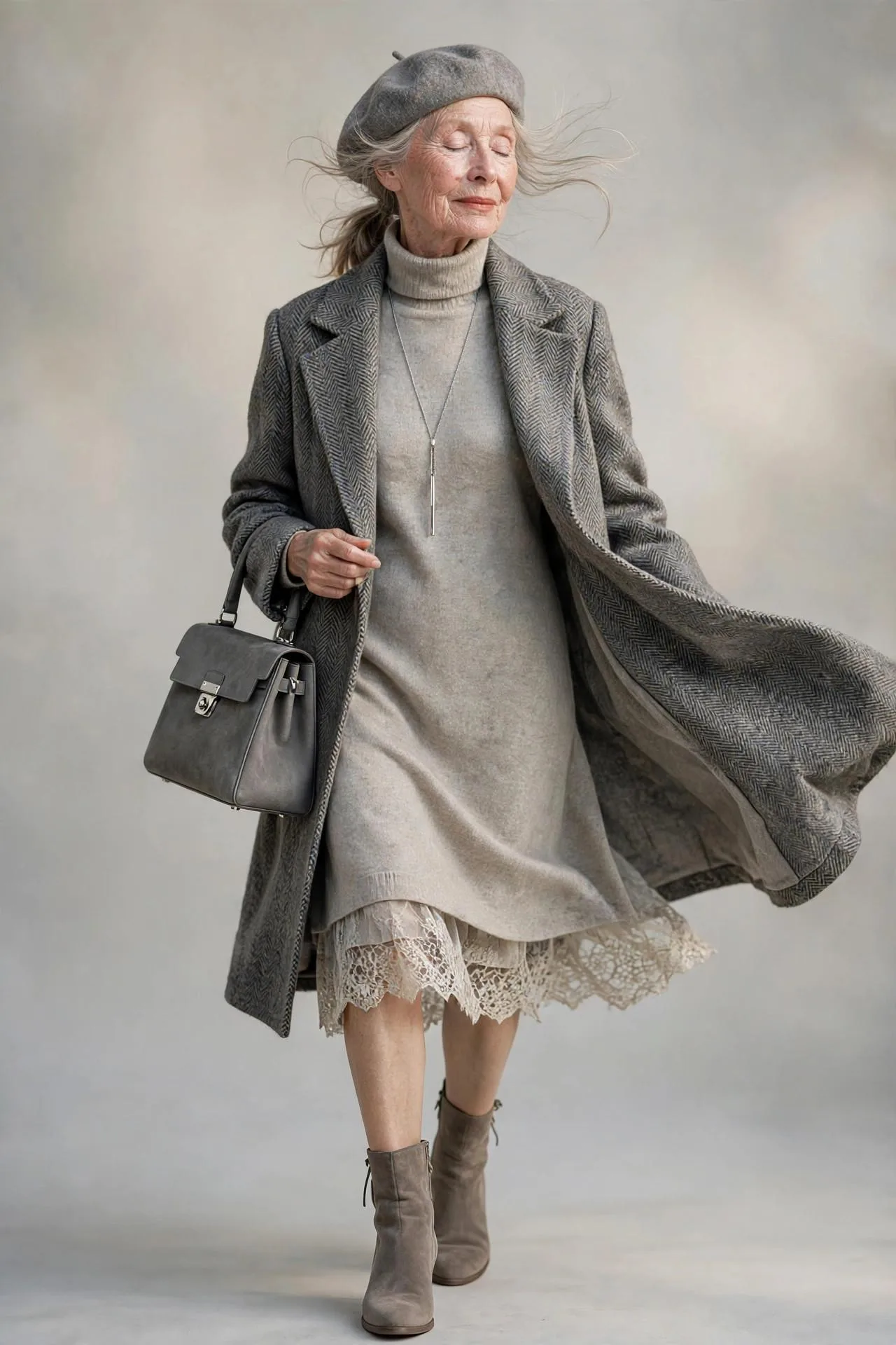 Serene mature woman in grey herringbone overcoat over oatmeal turtleneck dress with ankle boots.