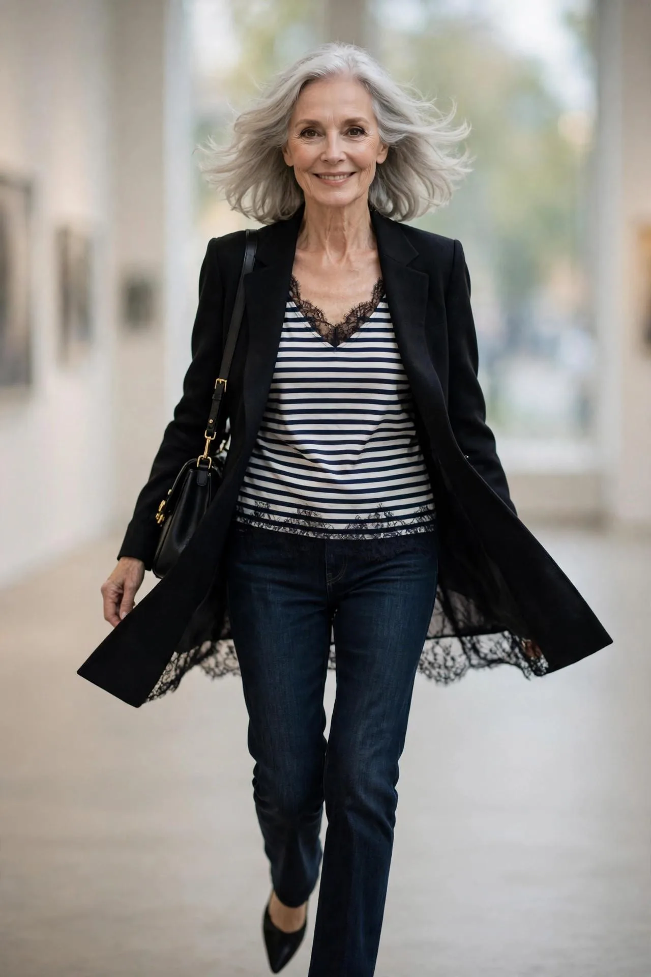 Chic mature woman in black blazer, Breton stripe top and dark indigo jeans smiling softly.