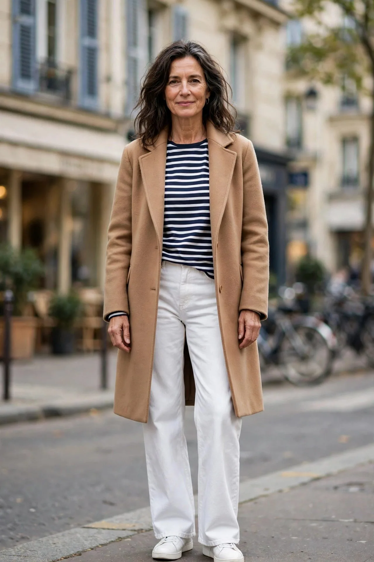 Woman over 50 in Breton stripe top, white jeans, camel coat