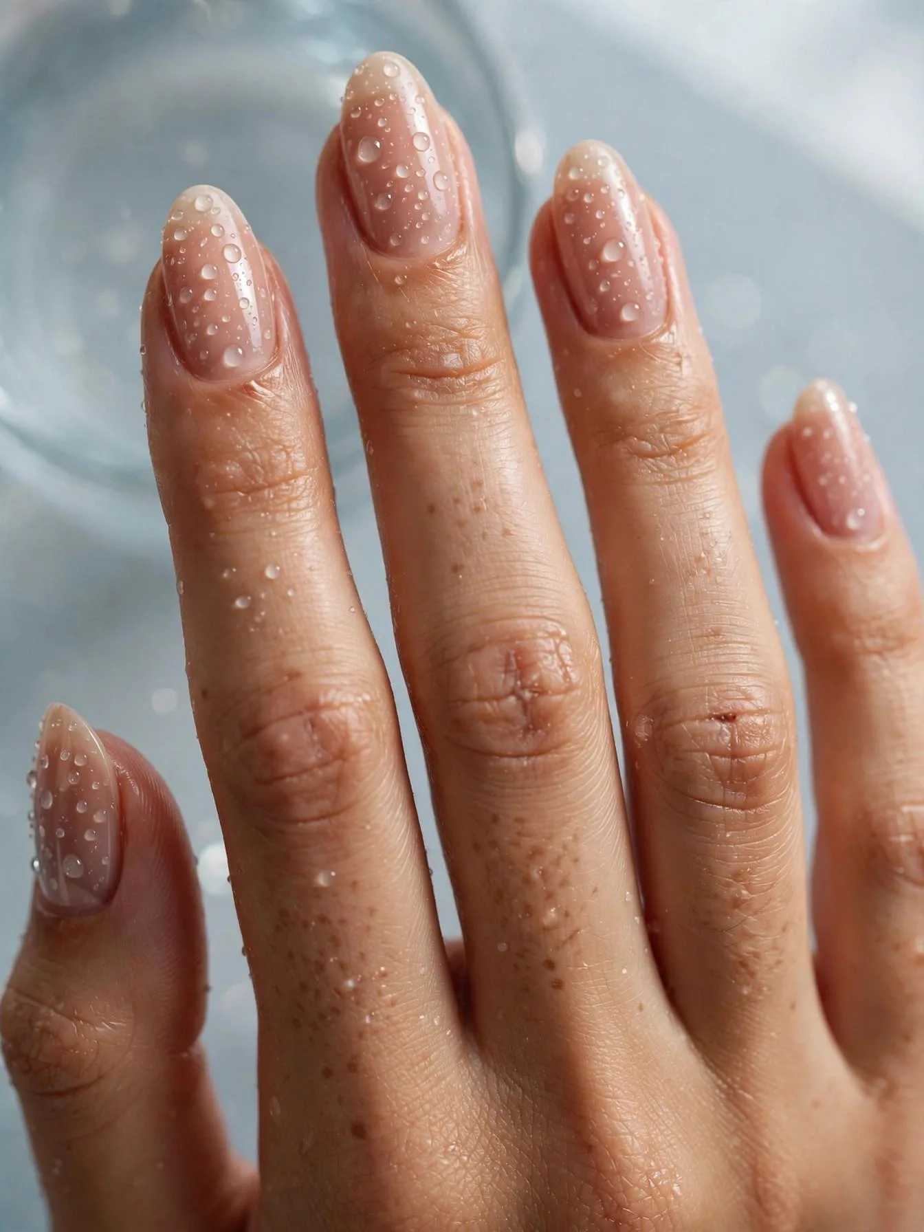 Nude almond nails with clear 3D gel water droplets.