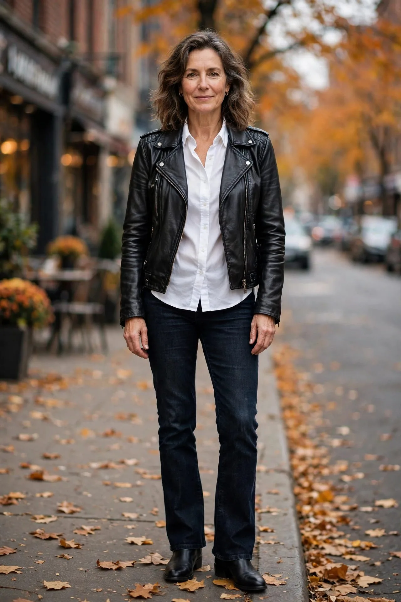 Woman over 50 in black leather jacket with white button-down shirt.