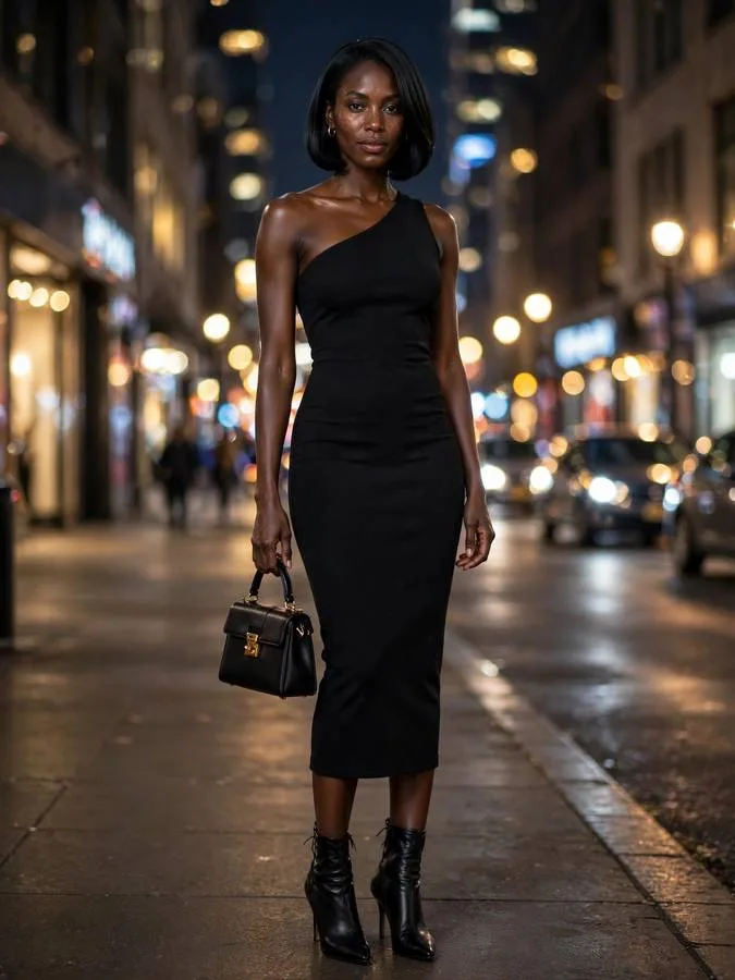 A woman in a black one-shoulder bodycon midi dress at night.