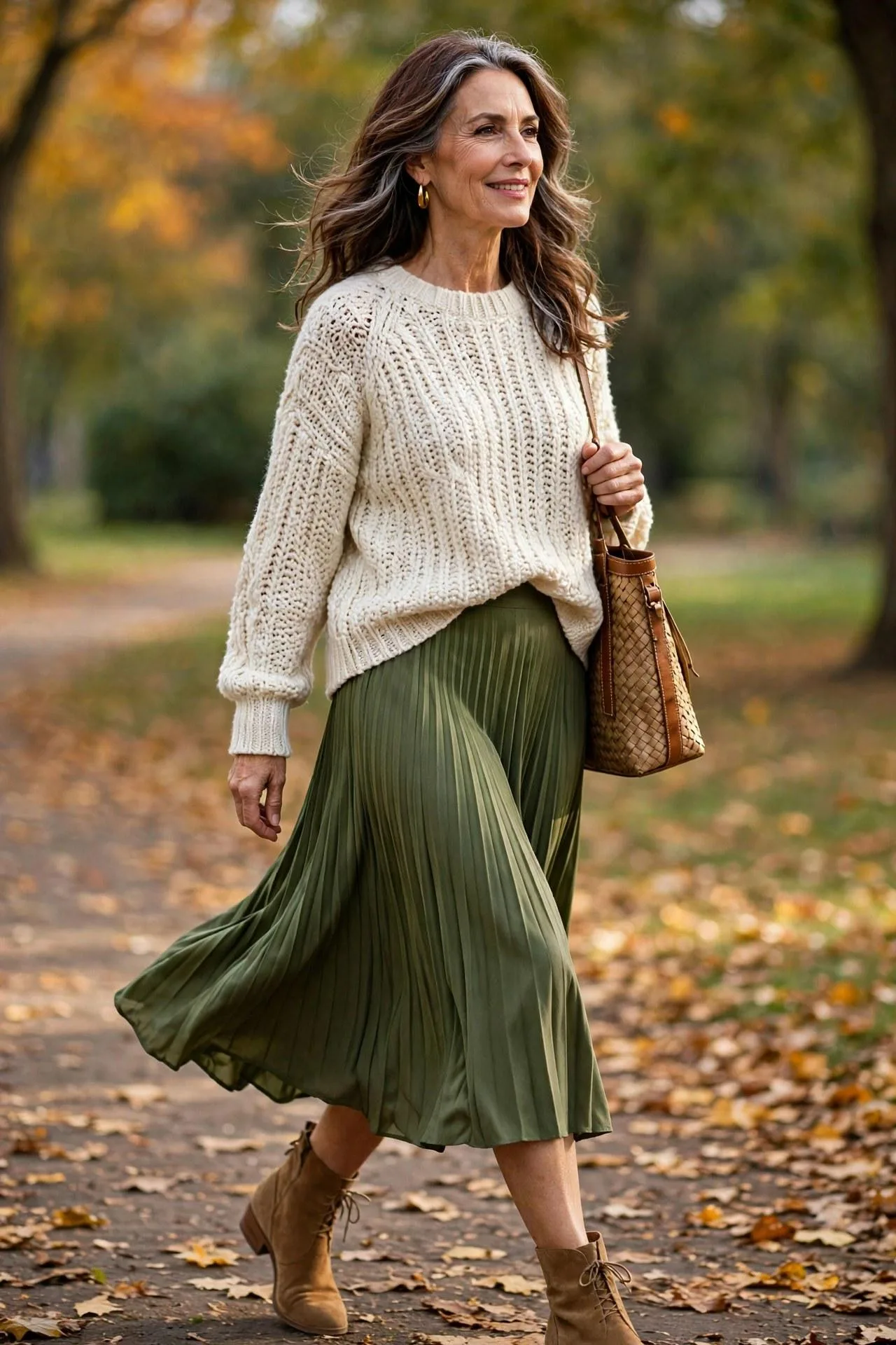 Beaming mature woman mid-stride in an olive-green pleated skirt, cream sweater and tan boots — autumn-ready casual outfits from a deep autumn color palette.