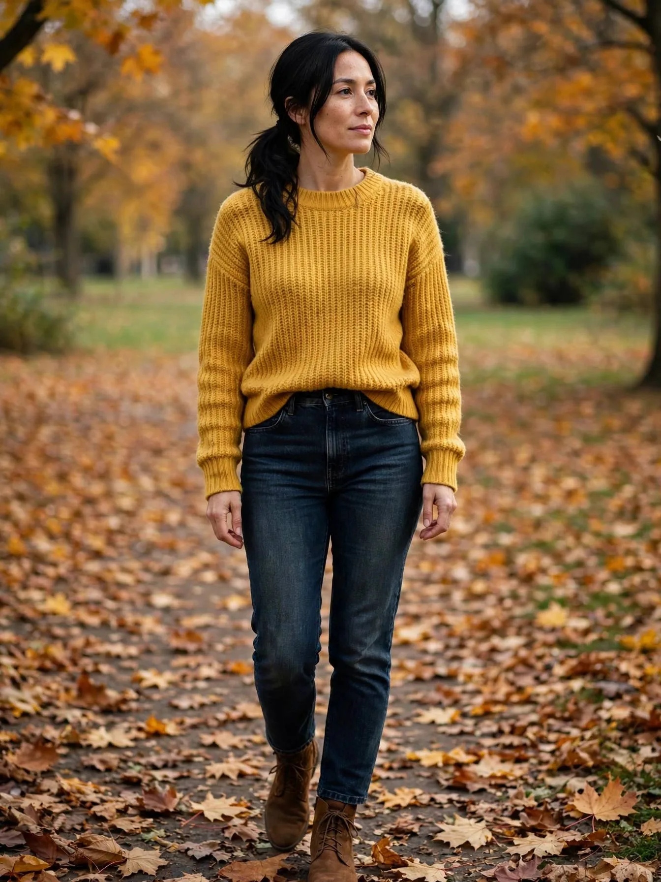 Woman in a mustard yellow sweater tucked into dark denim jeans.