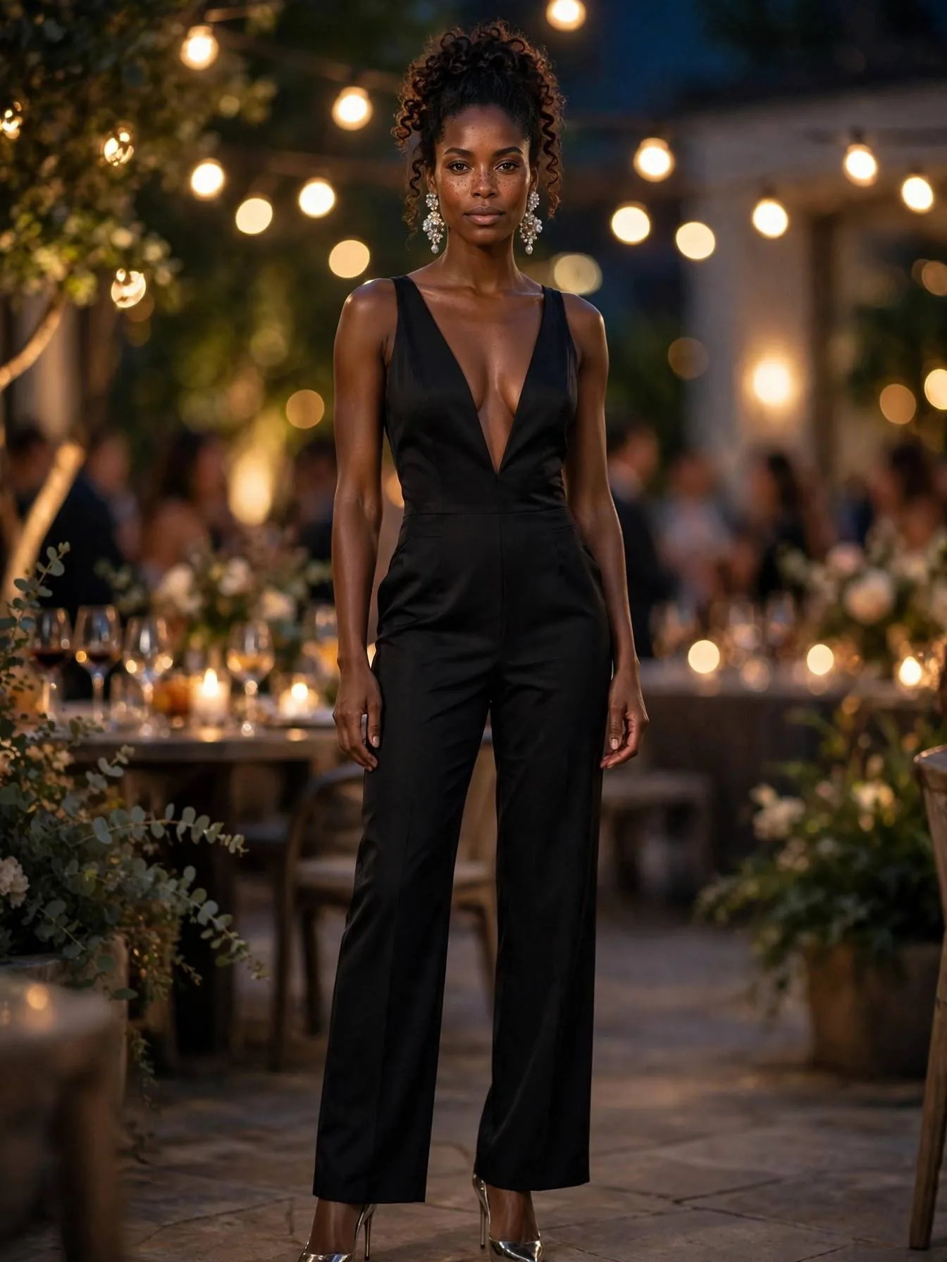 Woman wearing a black jumpsuit with deep neckline and statement earrings.