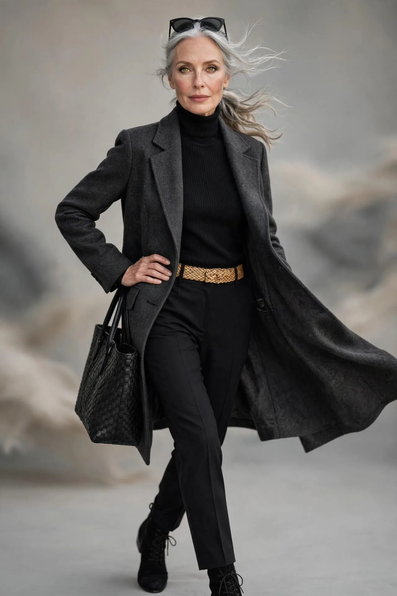 Poised 56-year-old woman standing confidently in a soft grey studio portrait.
