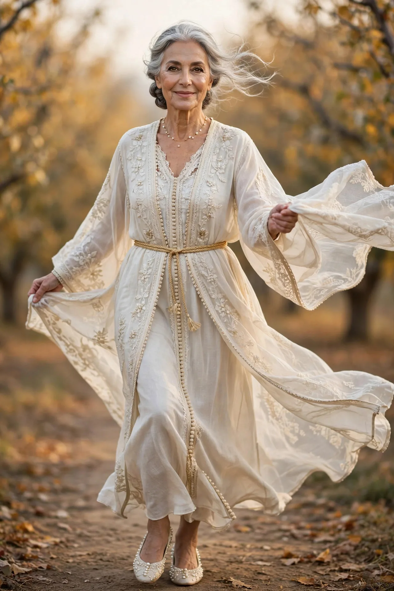 Tea-Time Kaftan — An ivory embroidered kaftan with a V-neckline and wide sleeves, cinched lightly with a gold cord belt, worn with pearl-embellished flats.