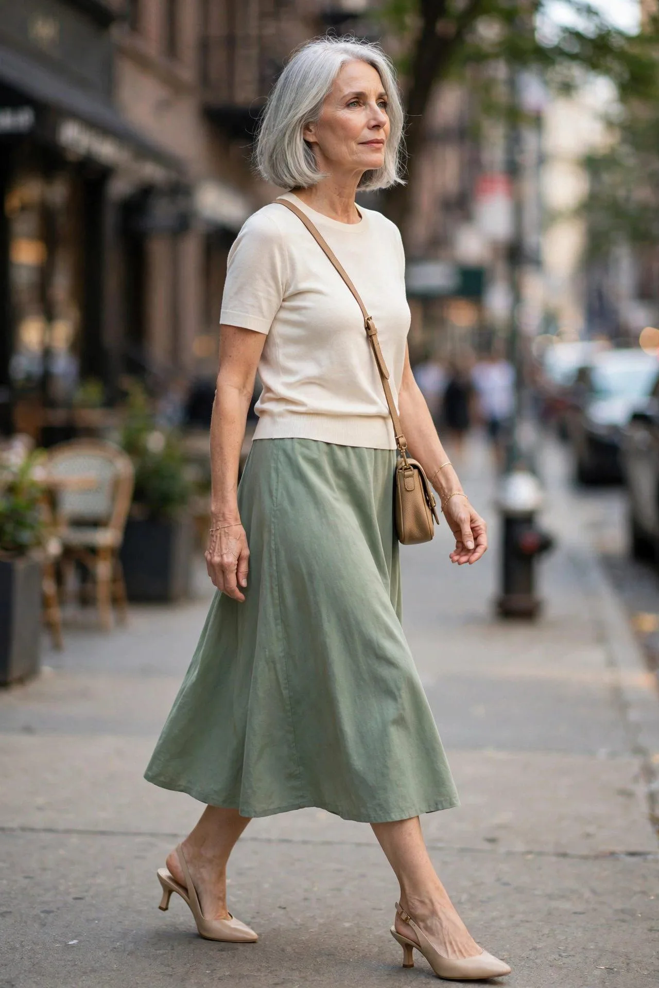 Refined woman in a sage A-line midi skirt, cream knit top, and nude slingbacks walking downtown.