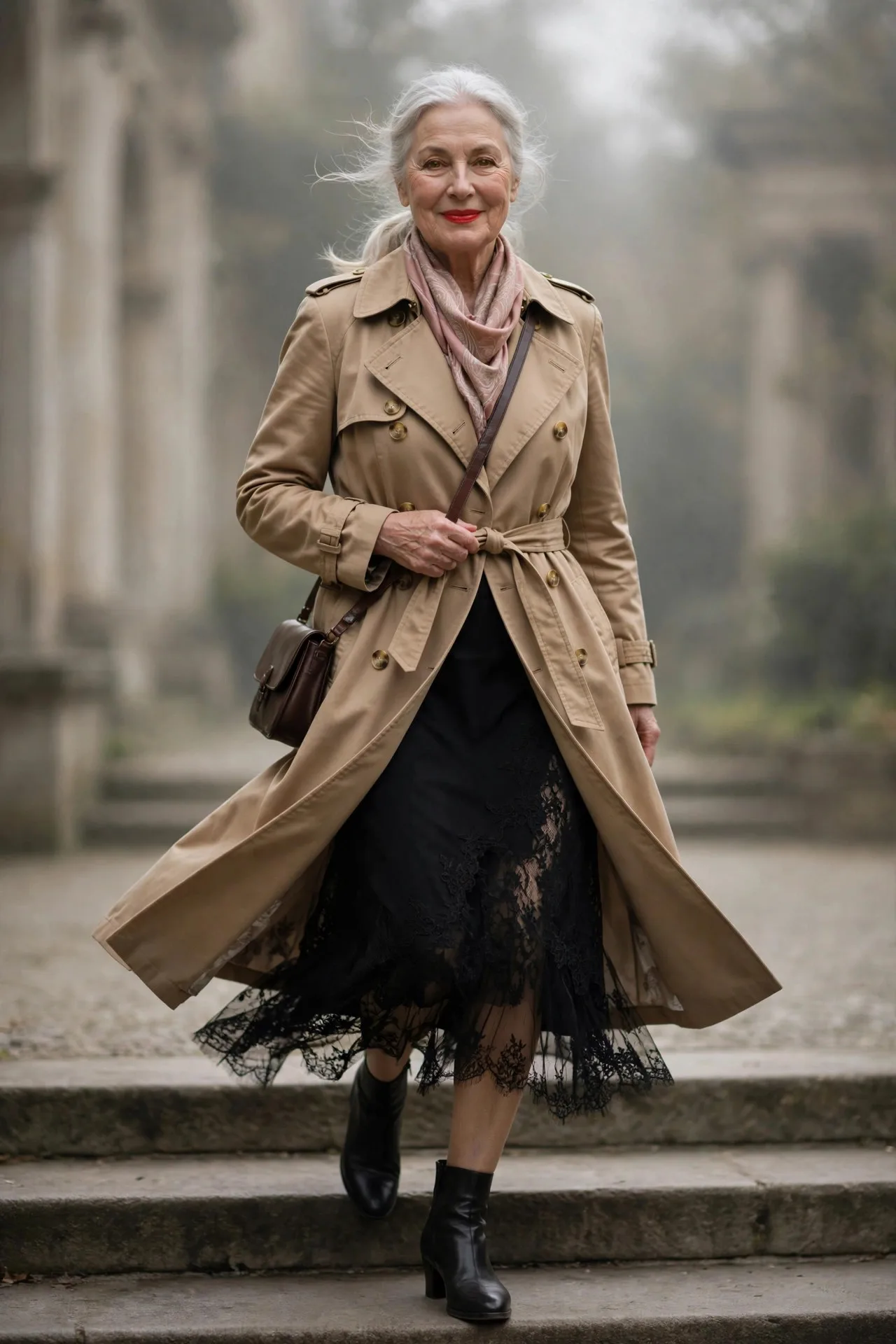 Perfect Trench Structure — A classic camel double-breasted trench coat belted at the waist, worn over a black column dress, with low-heel ankle boots and a silk scarf.