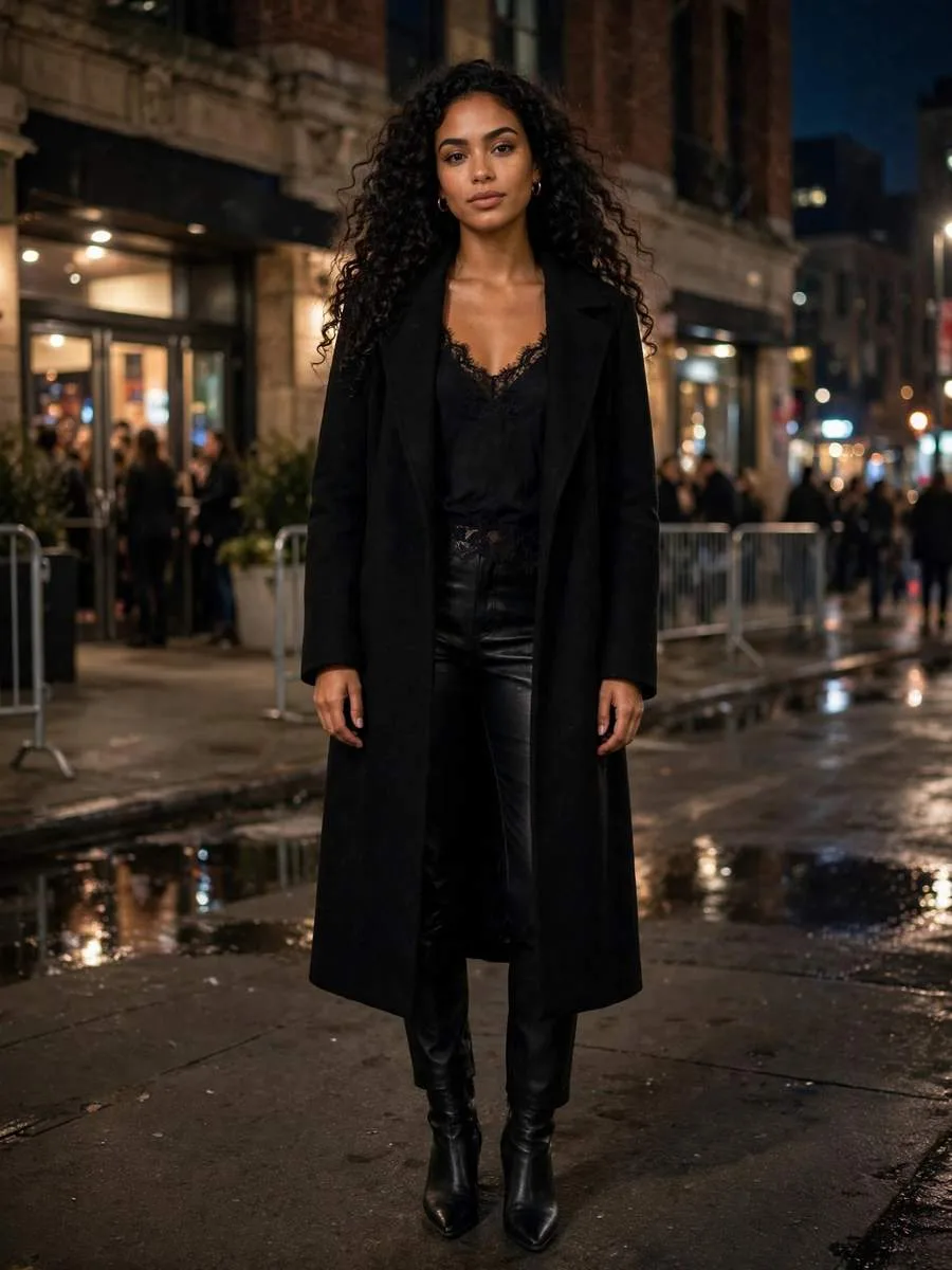 Woman wearing faux-leather pants with a delicate lace-trim camisole top.