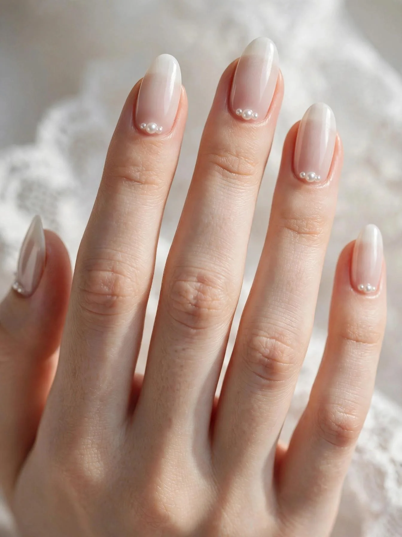 Medium almond nails with milky ombré French and pearl accents.