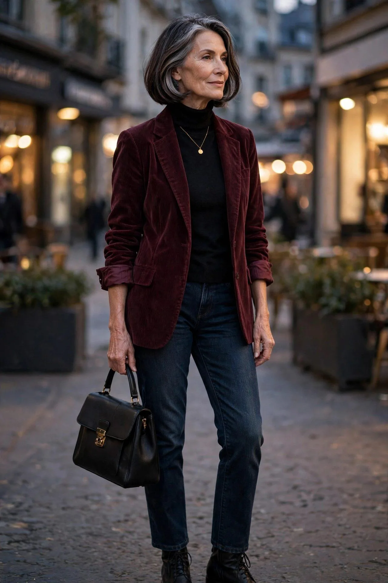 Woman in her early 60s in a rich burgundy corduroy blazer over a black fine-knit turtleneck with dark-wash jeans, black boots, a pendant necklace and black bag.