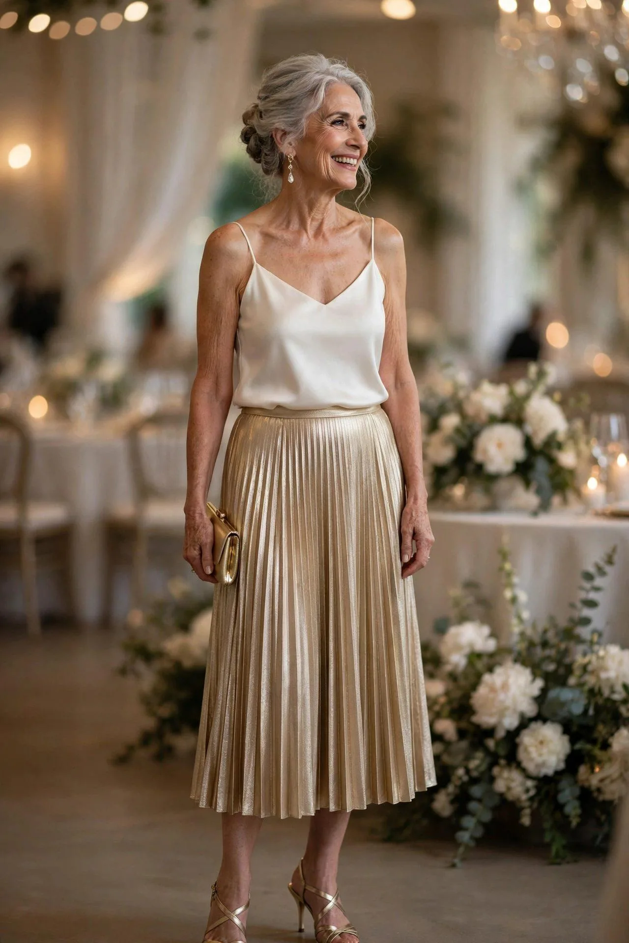 Radiant older woman in gold pleated midi skirt at wedding.