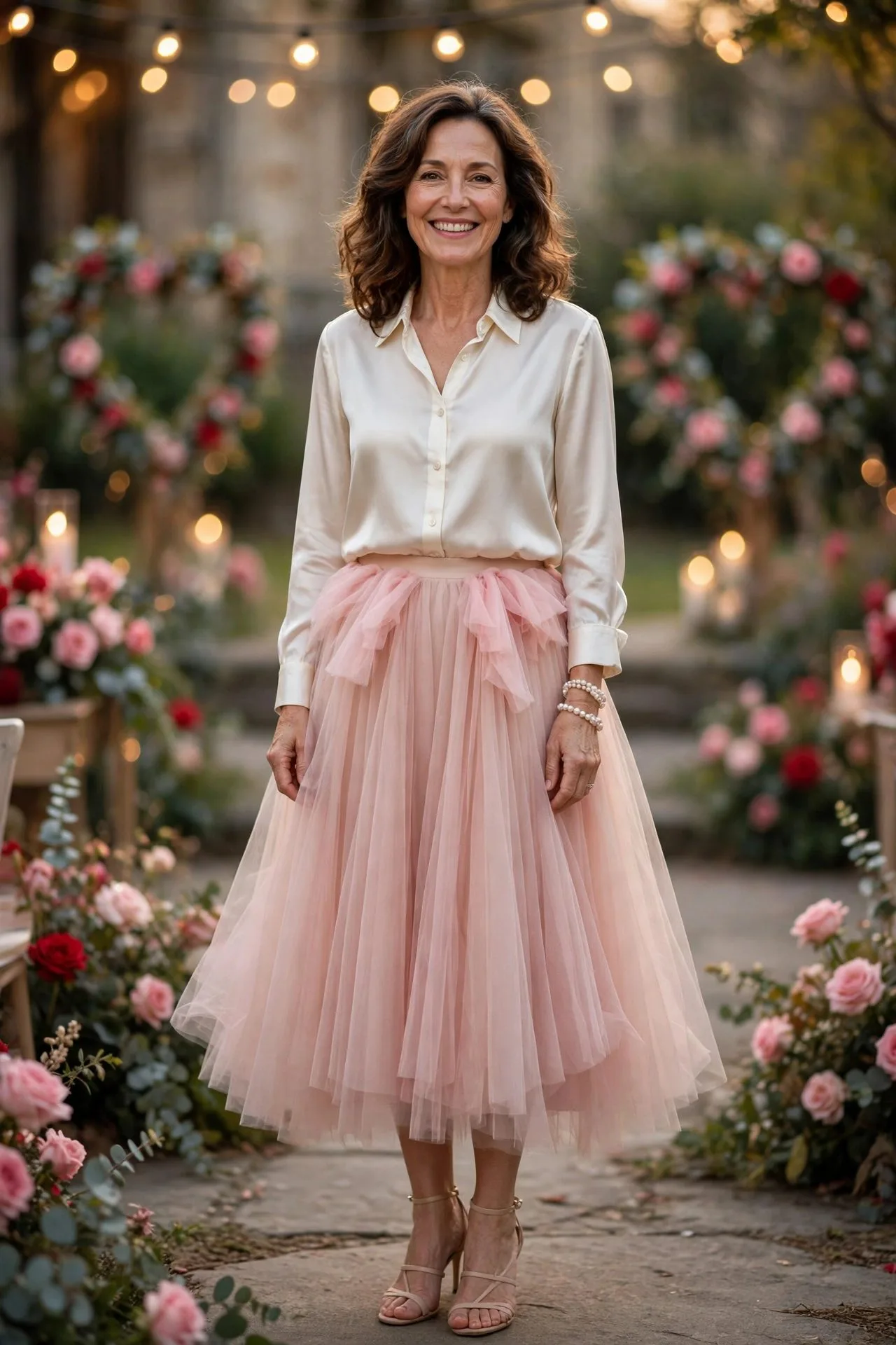 Woman wearing blush tulle skirt with ivory silk blouse