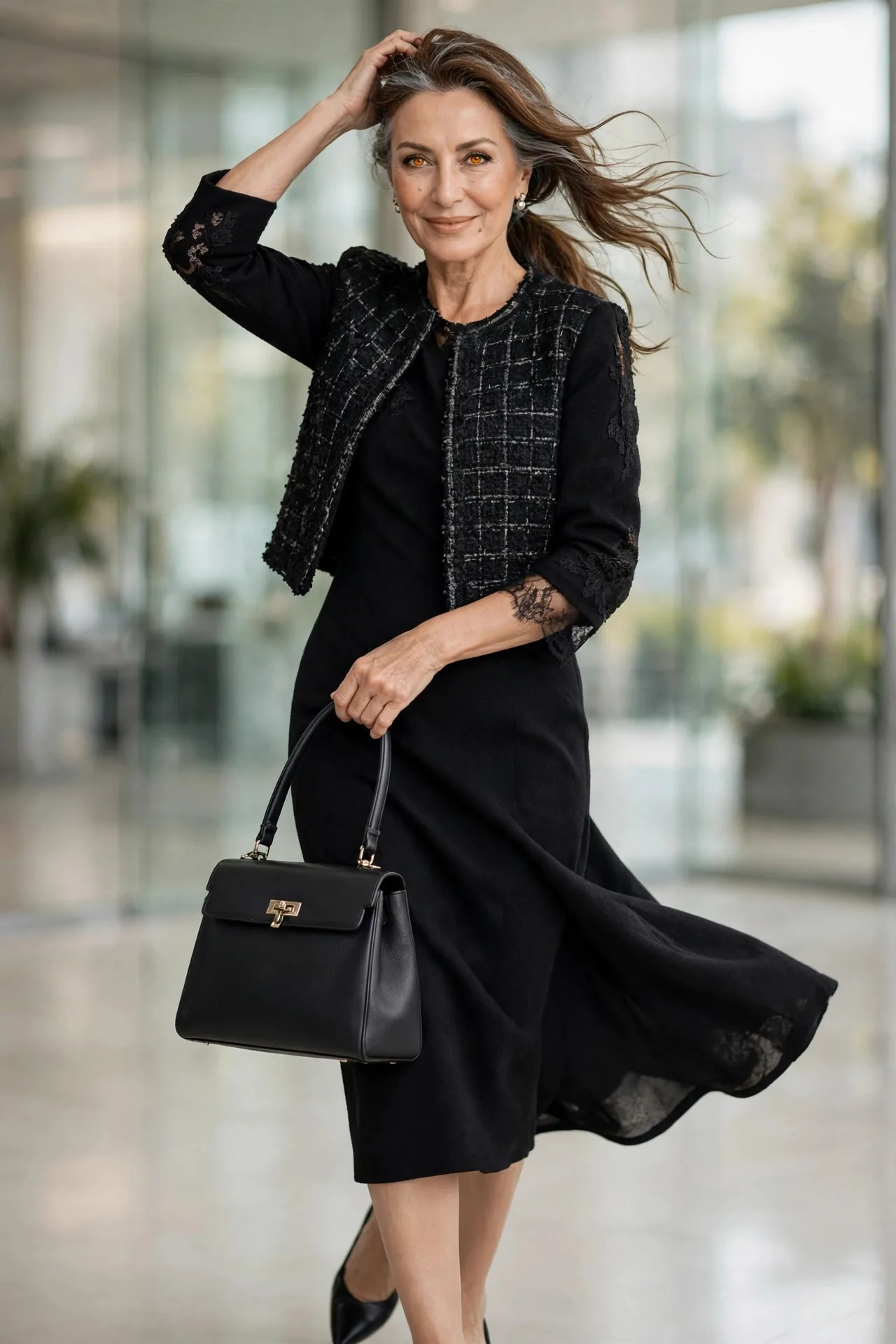 Noir Sheath Shift — A black wool-crepe sheath dress with three-quarter sleeves and a cropped black tweed jacket, finished with black pointed flats and pearl earrings.