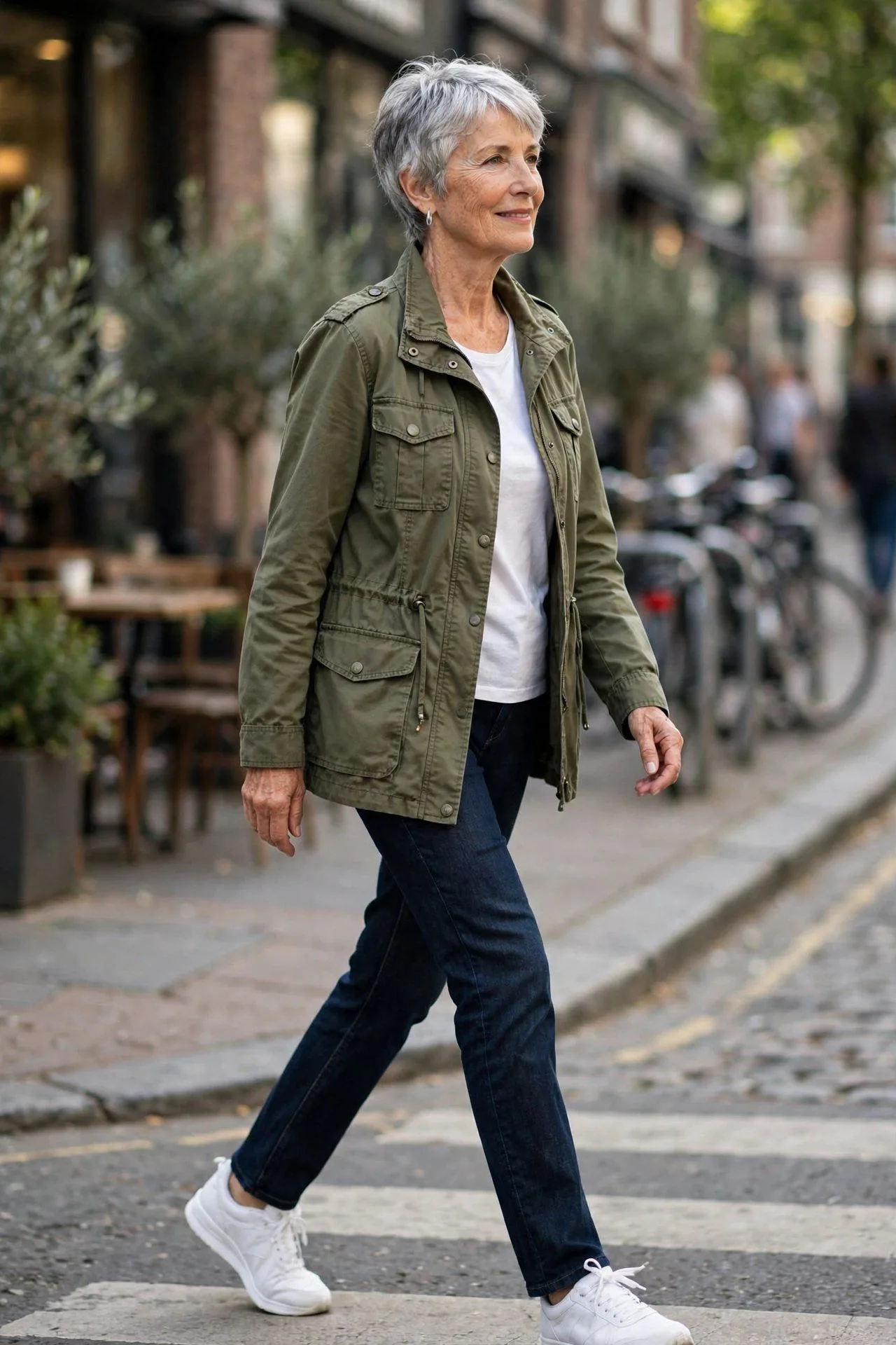 Mature woman in casual olive field jacket with classic white t-shirt and jeans