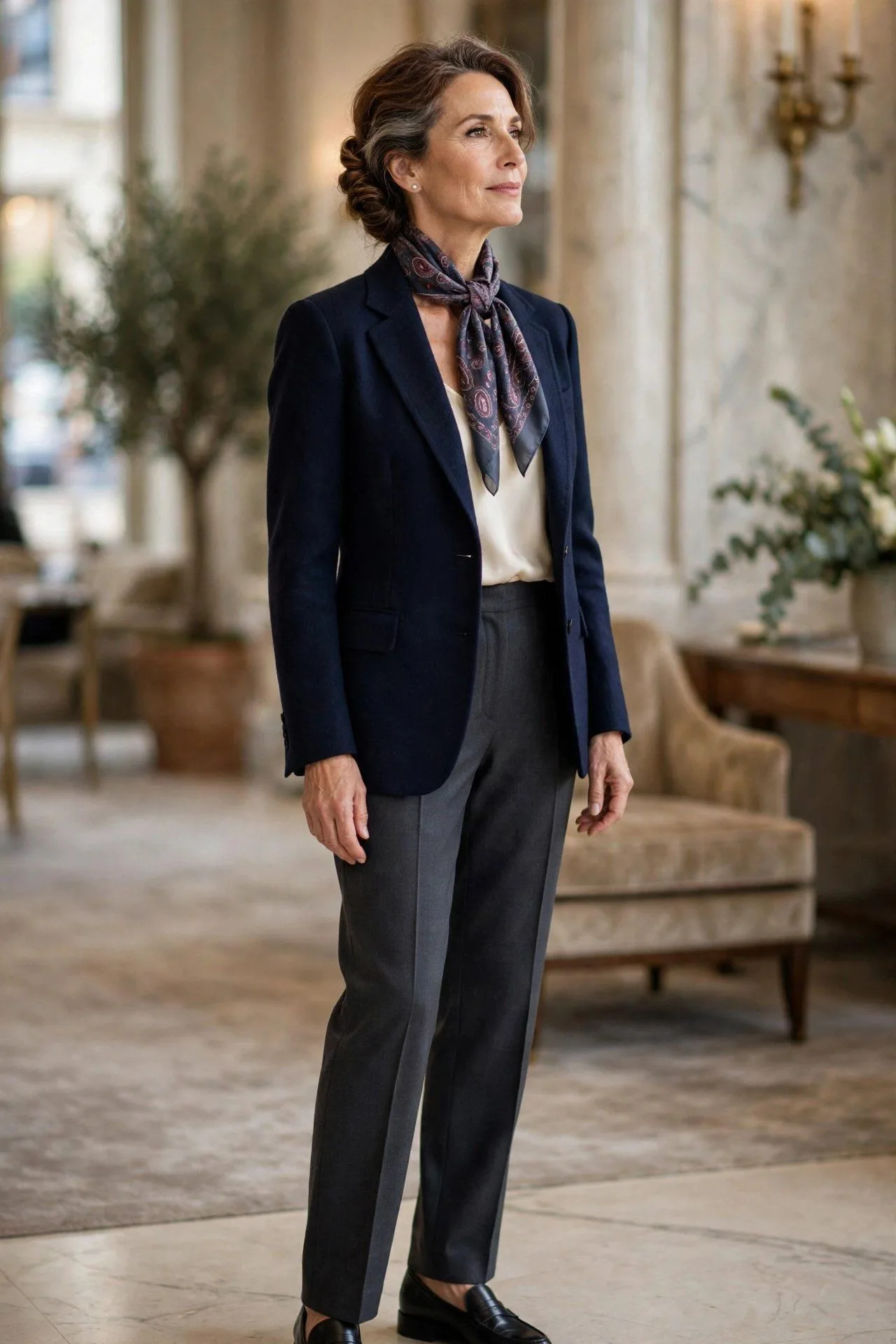 Cultured mature woman wearing a midnight jacket accented by a patterned silk neck square in muted tones, hallmark accessory styling.