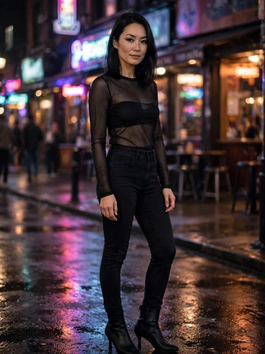 Woman wearing a sheer mesh long-sleeve top with high-waisted black jeans.