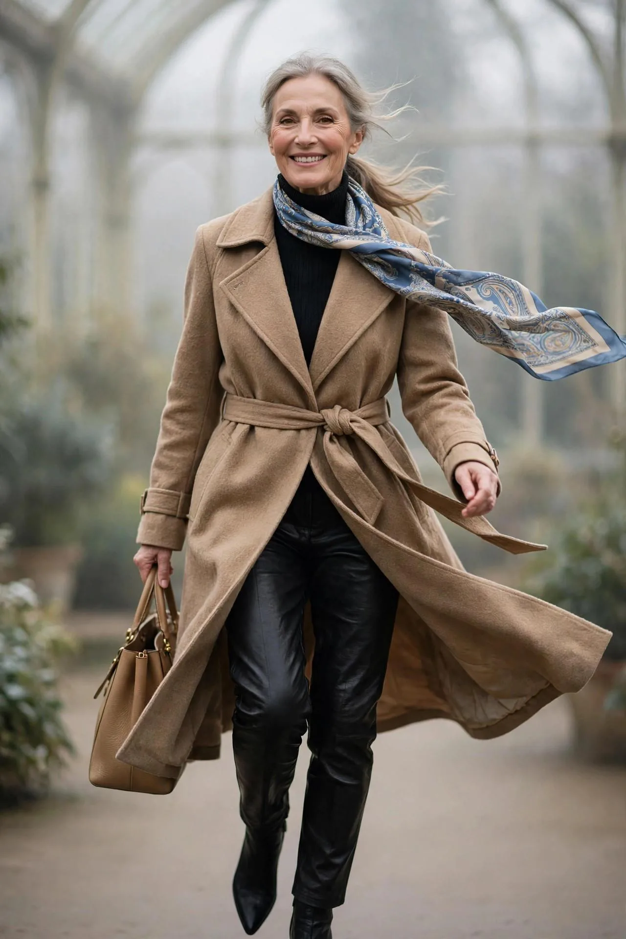 Bold mature woman in tan wool trench coat, black turtleneck and leather-look trousers striding.