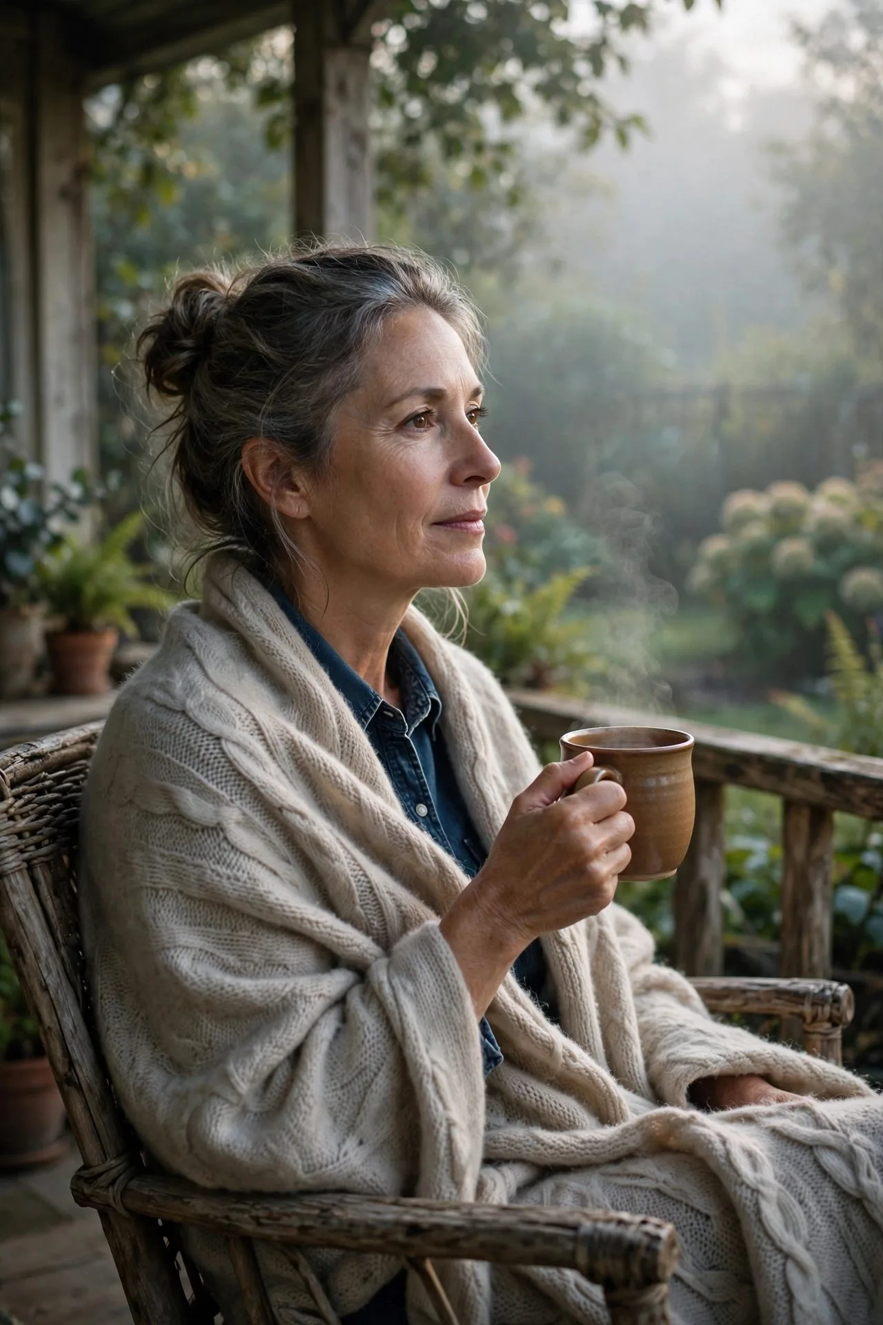 Serene older woman enjoying silent morning coffee by window