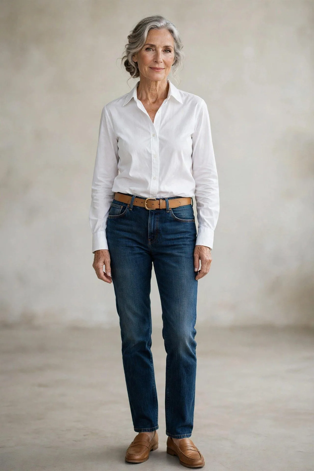 Senior woman styled in crisp white button-down with dark denim and tan accessories