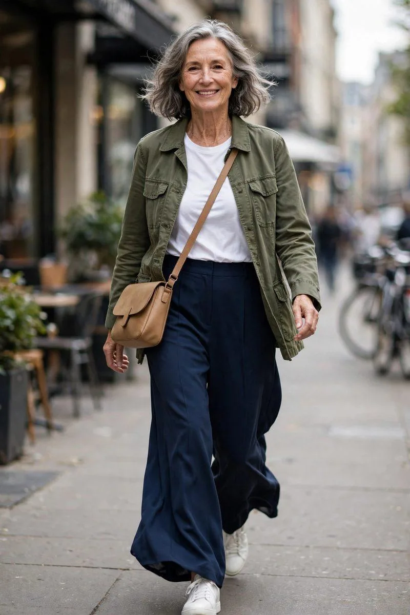 Woman in her early 60s styling a crisp white t-shirt with flowing navy wide-leg pants, olive utility jacket and white sneakers