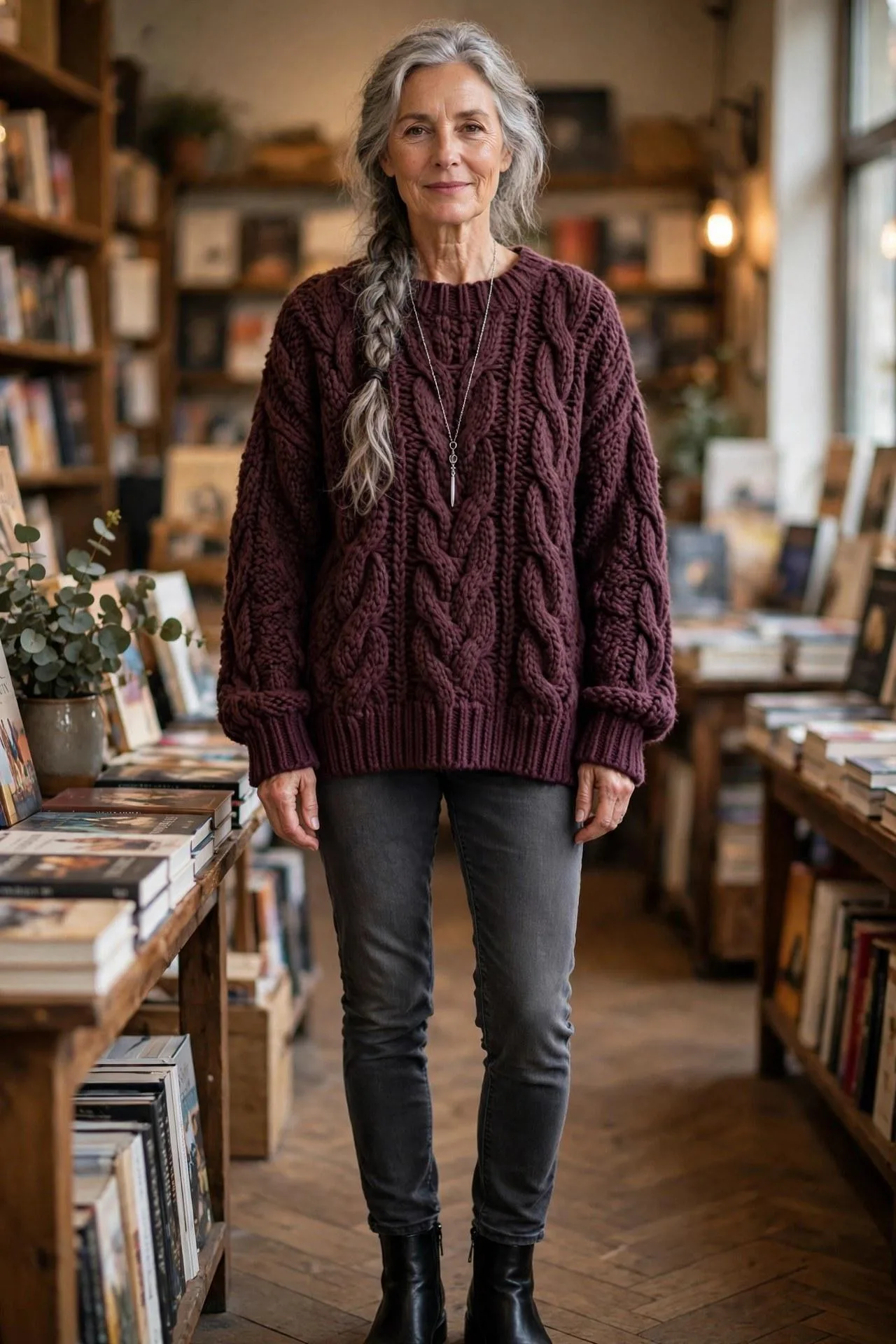 Relaxed woman in a chunky plum-purple knit and dark grey jeans inside a bookshop — cozy smart casual style in a deep autumn color palette.
