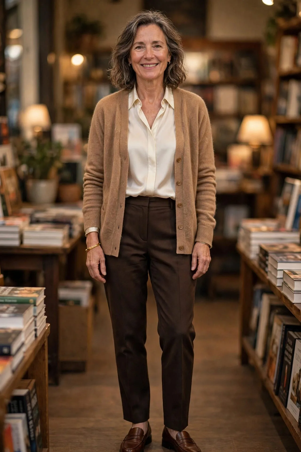 Woman over 50 in oatmeal cashmere cardigan with navy trousers traveling