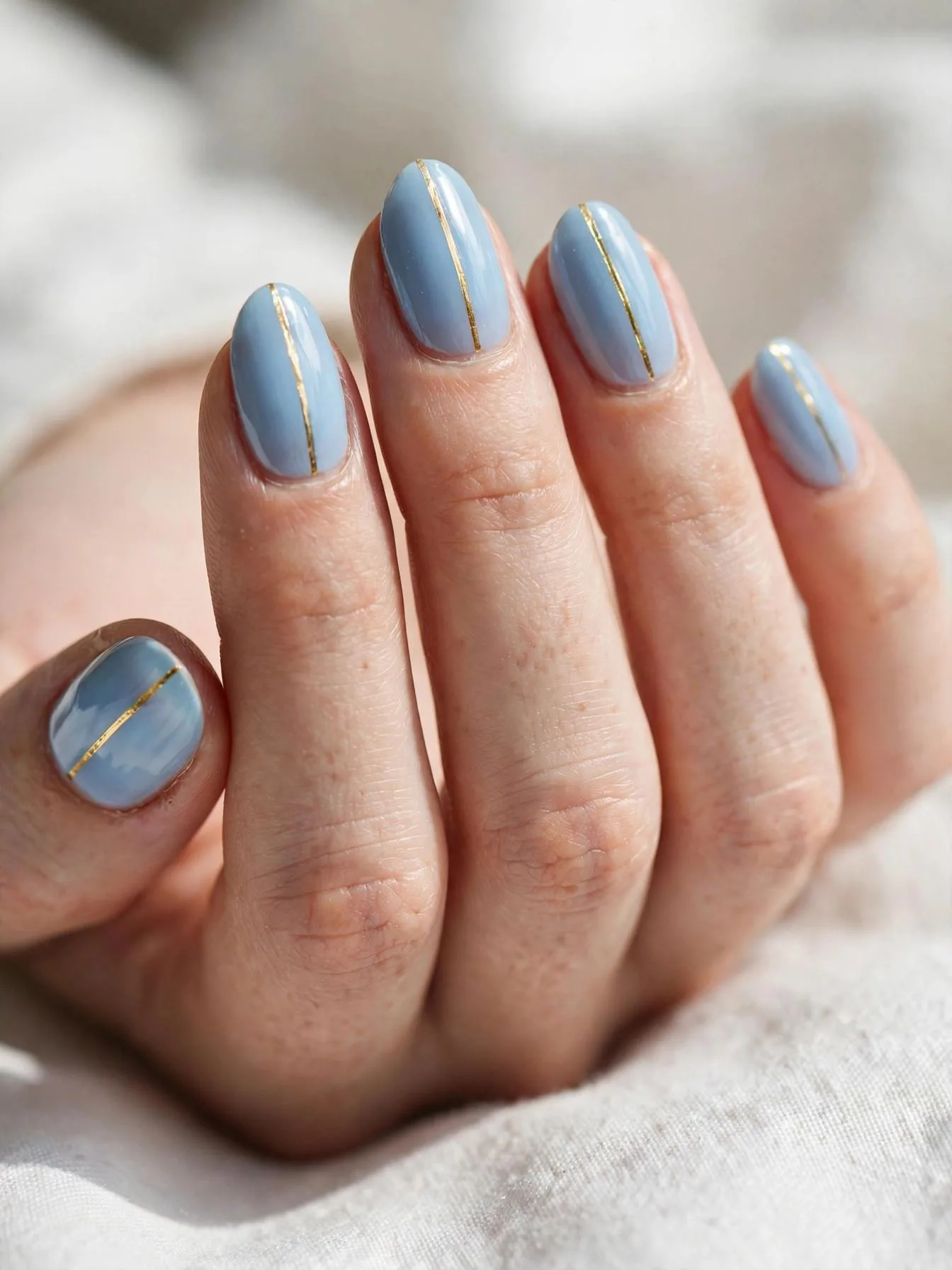 Medium nails in glossy baby blue with one minimal centered gold stripe.