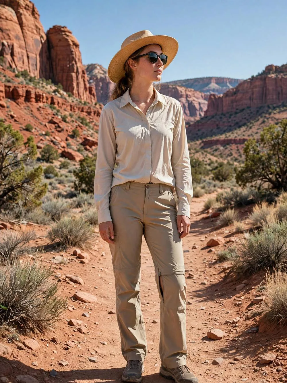 Woman in sun shirt and convertible pants hiking through desert red rocks.