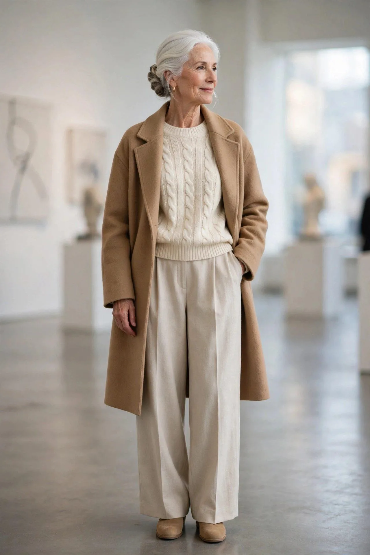 Refined older woman in layered ivory, oatmeal and camel tones