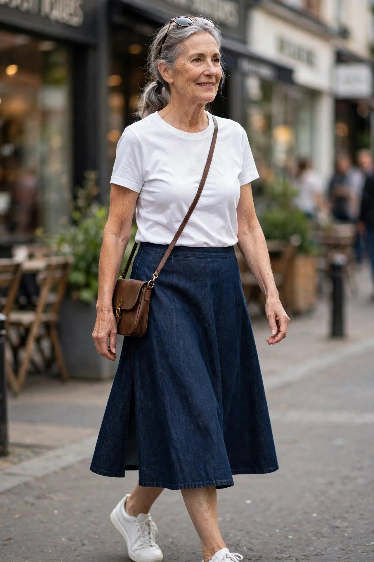 Casual chic woman in dark denim midi skirt and white t-shirt.