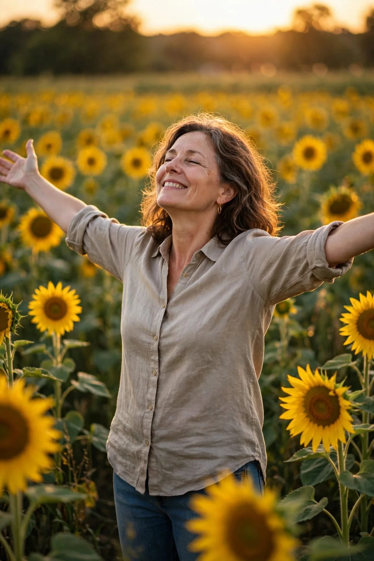 Grateful mature woman cherishing her autonomous peaceful morning