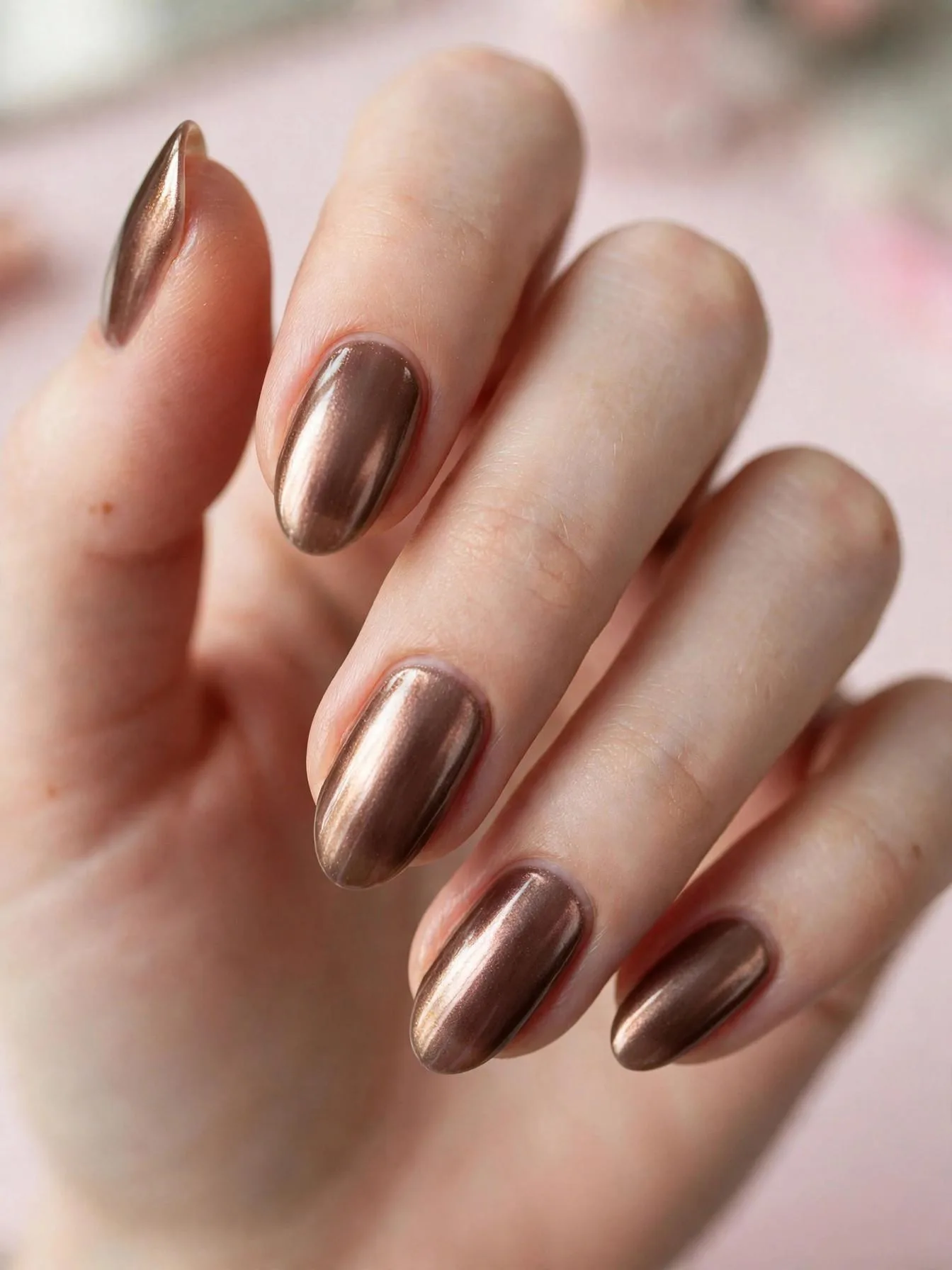 Medium almond nails in chocolate brown with pearl glazed chrome finish.