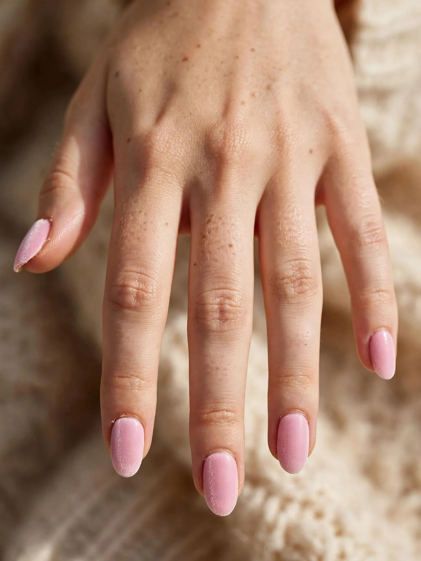 Baby pink almond nails with a fuzzy velvet magnetic finish.