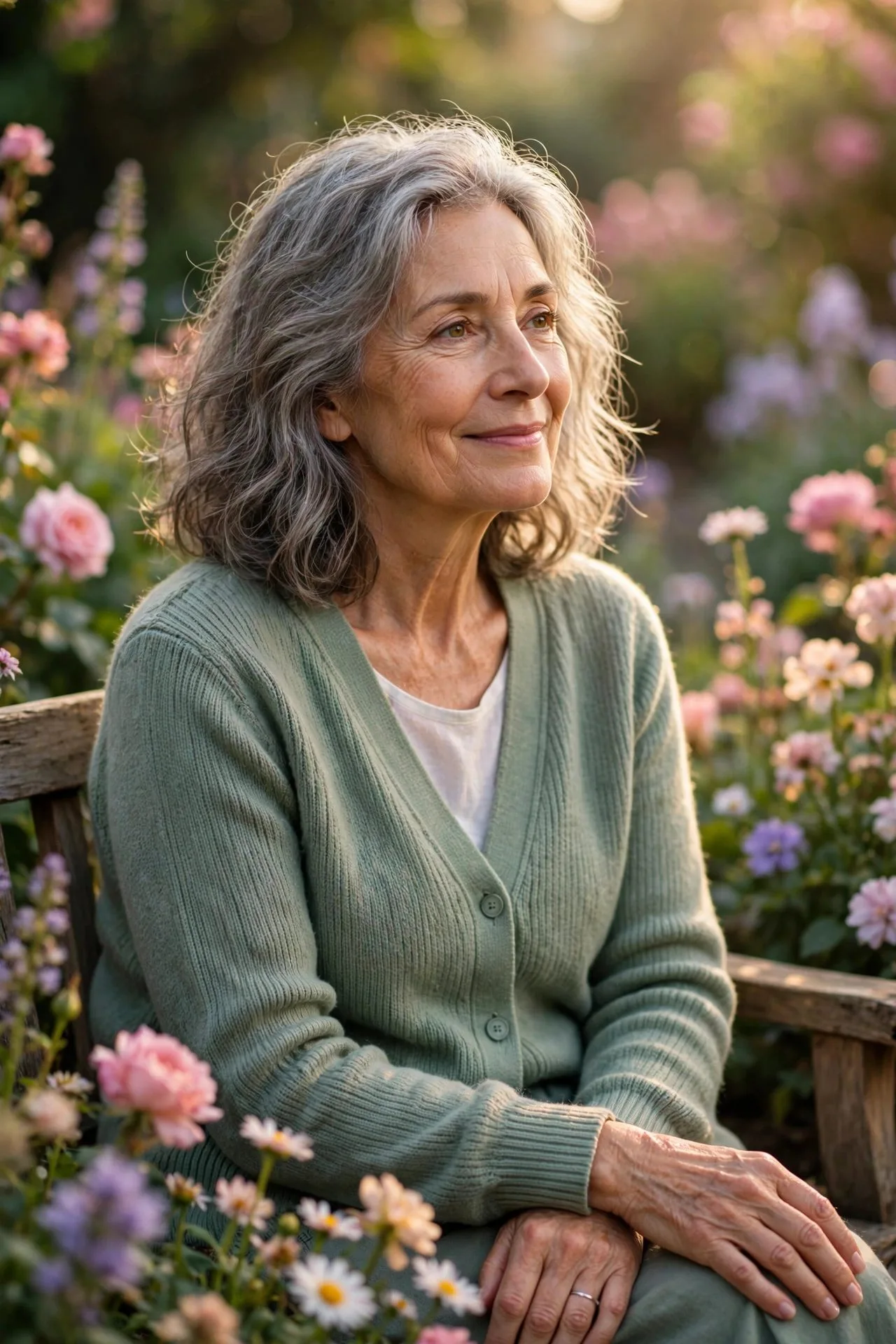 Smiling senior woman walking peacefully through autumn park path