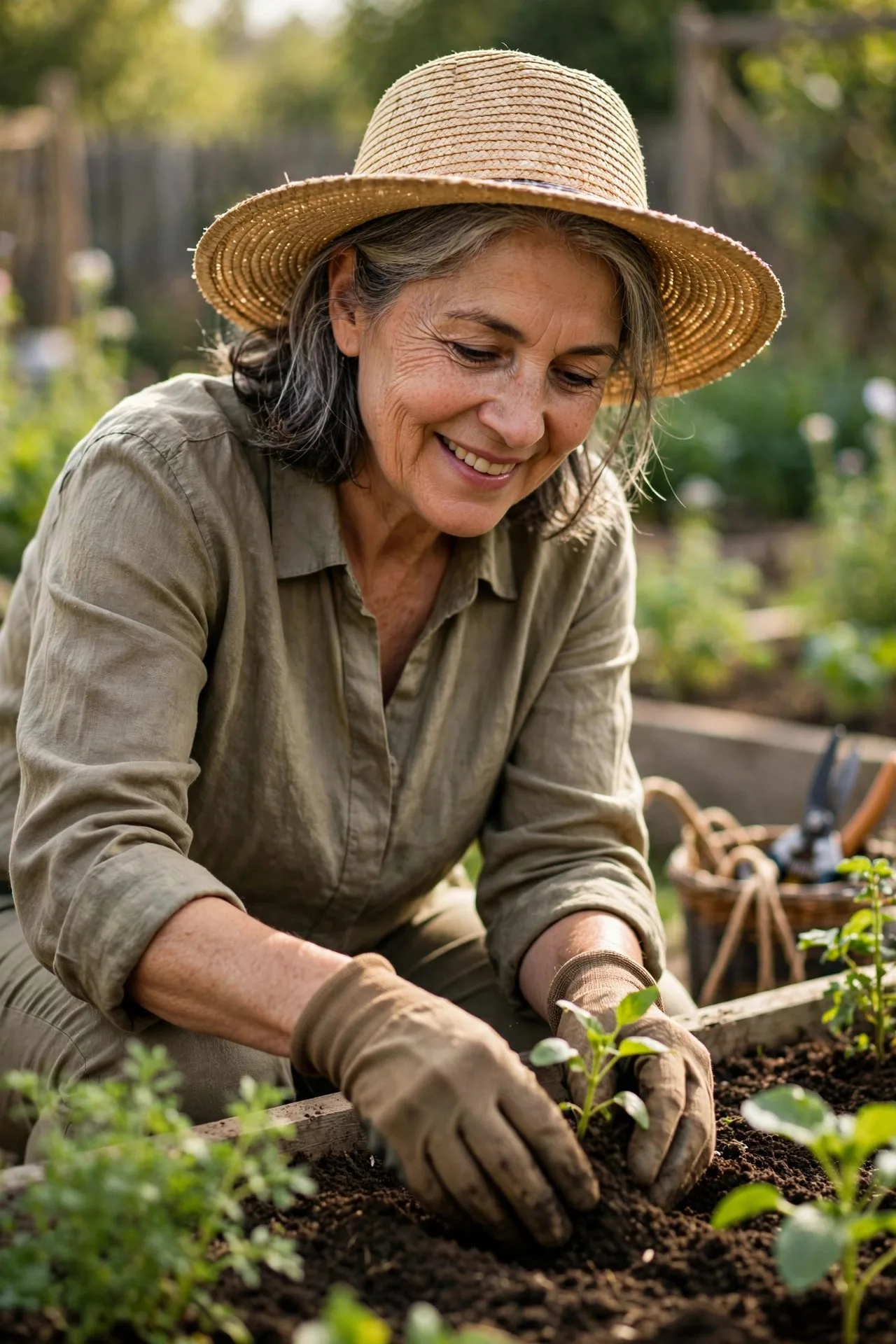 Happy senior woman volunteering and helping community garden project