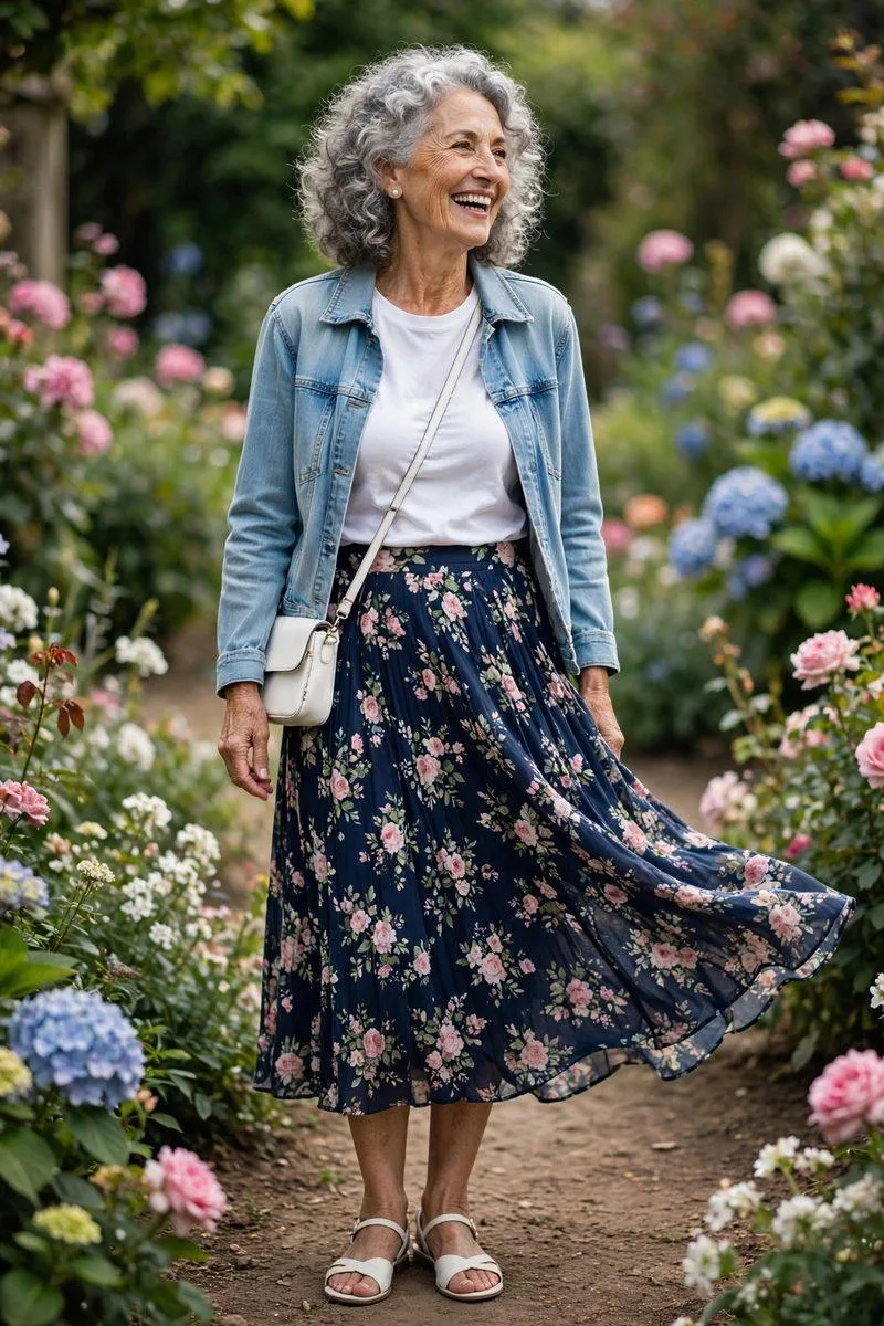 Joyful older woman with soft grey curls in a navy floral midi skirt, plain white tee and light-wash denim jacket