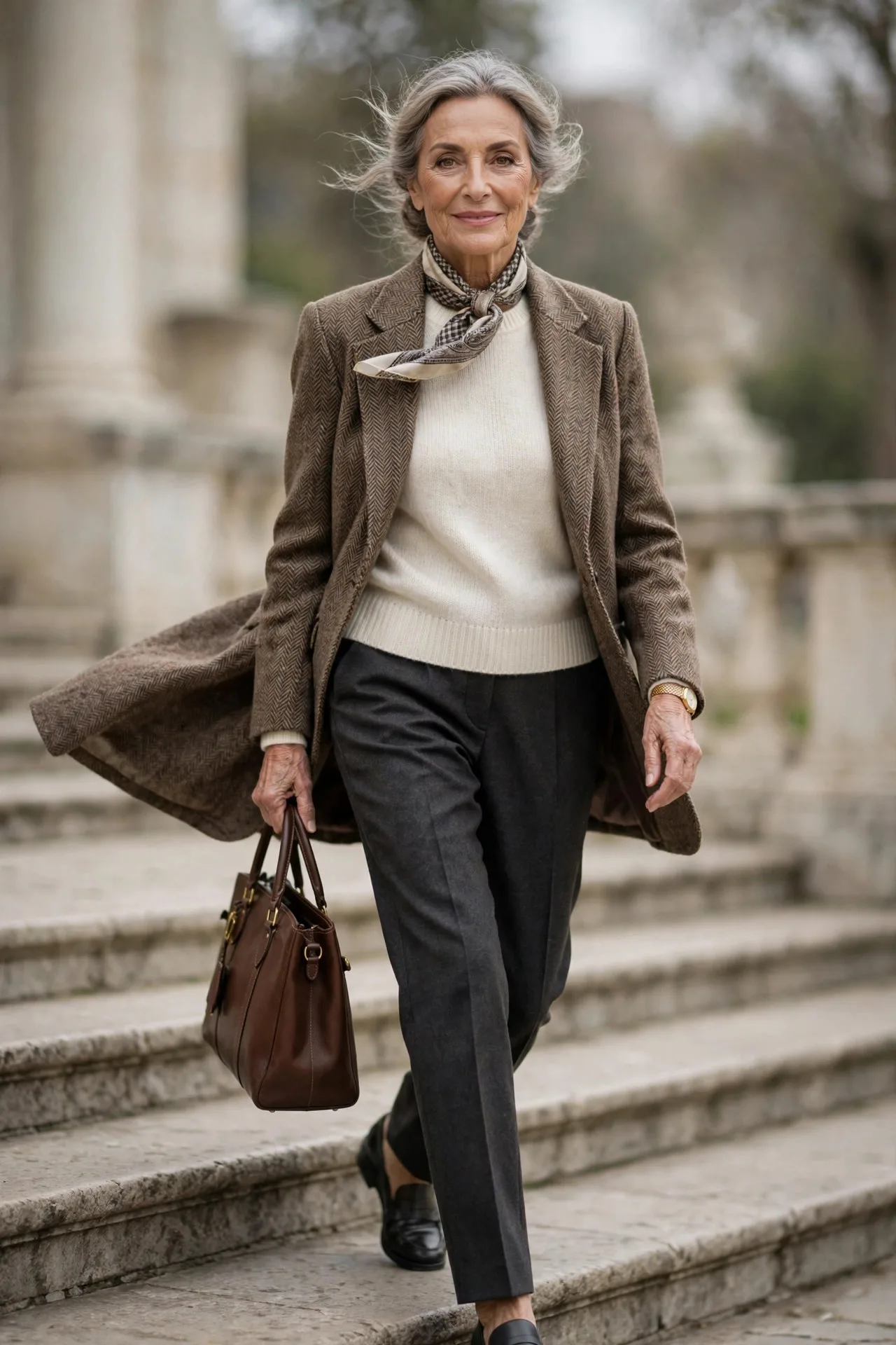 Quiet Tweed Blazer — A brown herringbone tweed blazer over an ivory knit shell and charcoal straight trousers, with a silk scarf at the neck.