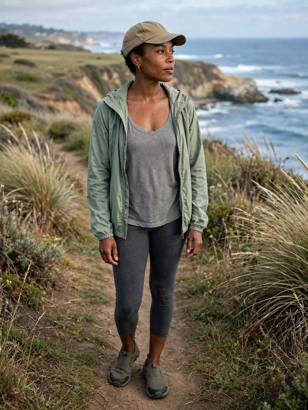 Woman in windbreaker and capri leggings on a breezy coastal bluff trail.